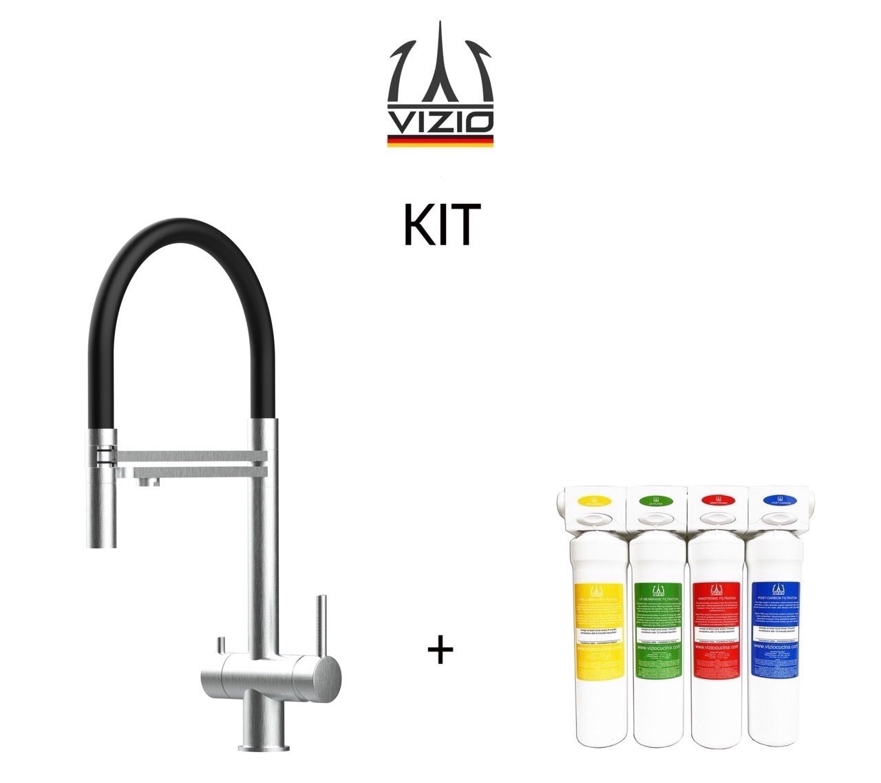 KIT Wasserfiltersystem und 3 Wege Wasserhahn Küchenarmatur, Edelstahl Massiv mit 360° schwenkbarem Auslauf, abnehmbare 2 strahl Handbrause, Gebürstet