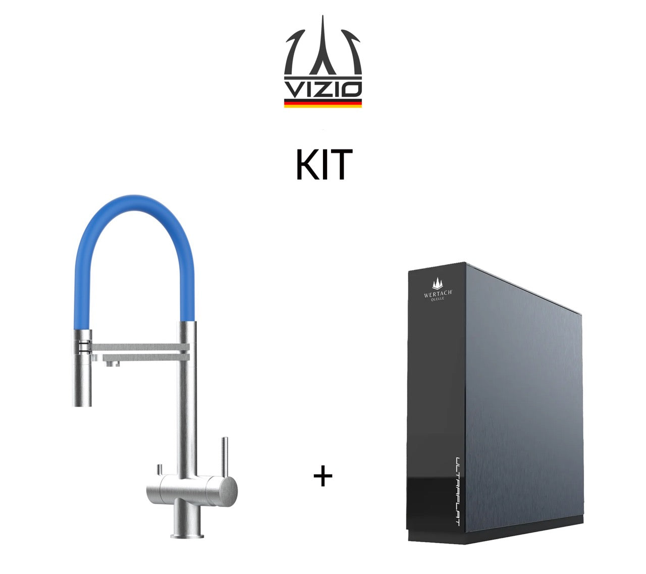 KIT: ULTRAFLAT Umkehrosmose Untertisch System, Wertach und 3 Wege Wasserhahn Küchenarmatur, Edelstahl Massiv mit 360° schwenkbarem Auslauf, abnehmbare 2 strahl Handbrause, Gebürstet