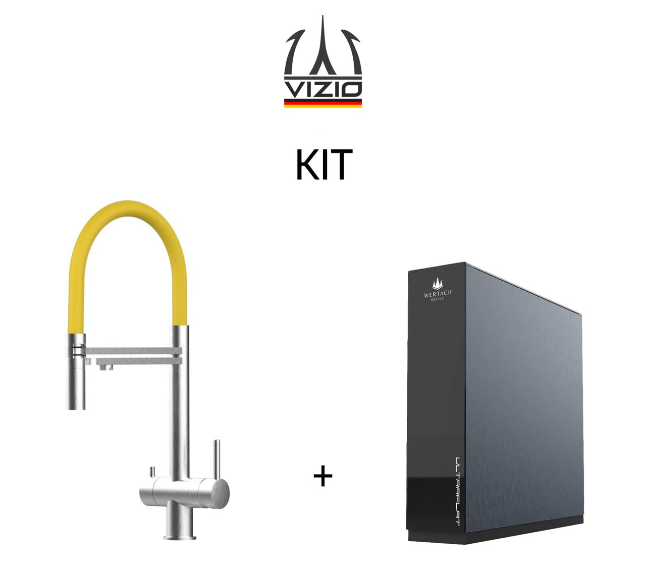 KIT: ULTRAFLAT Umkehrosmose Untertisch System, Wertach und 3 Wege Wasserhahn Küchenarmatur, Edelstahl Massiv mit 360° schwenkbarem Auslauf, abnehmbare 2 strahl Handbrause, Gebürstet