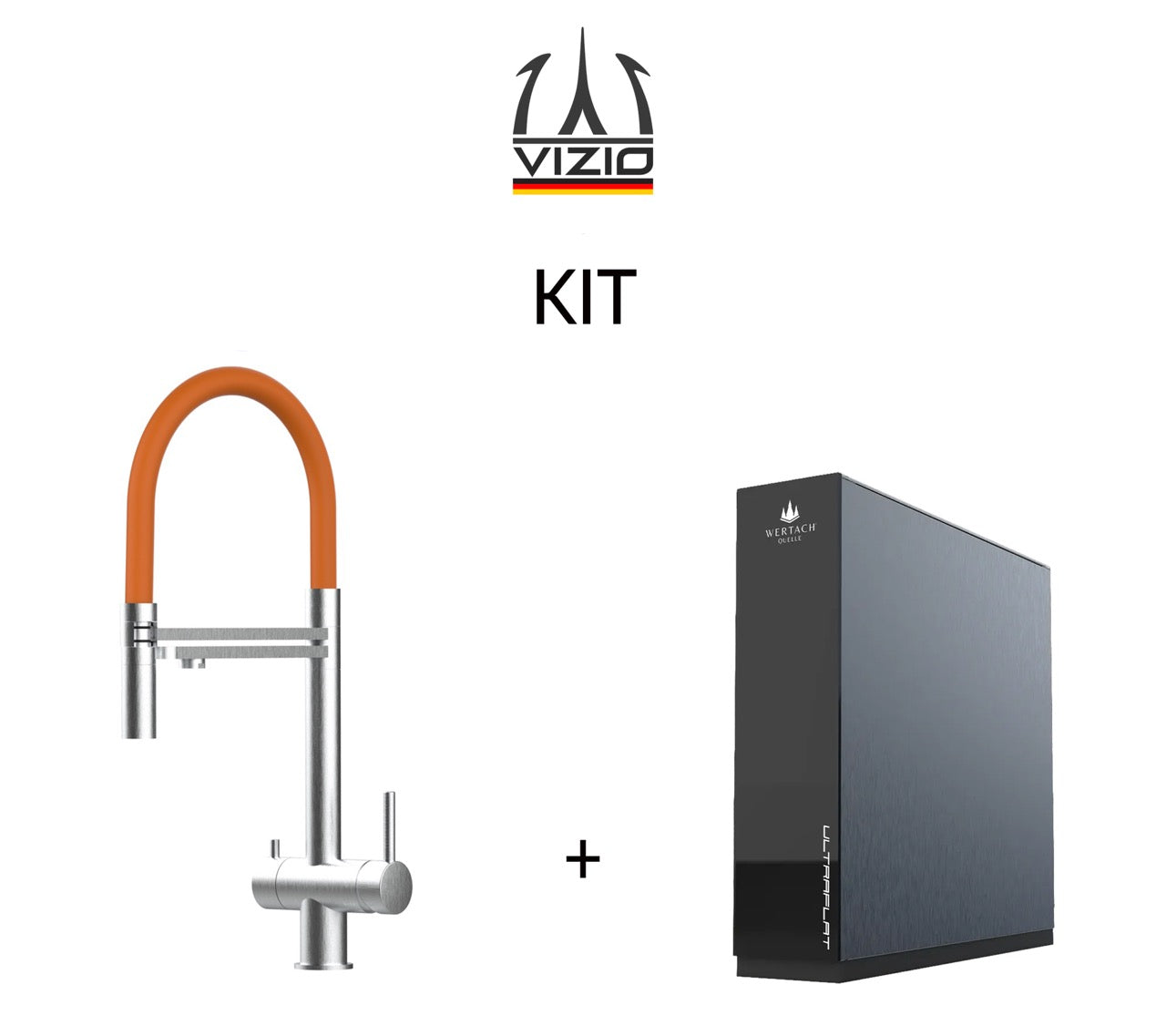 KIT: ULTRAFLAT Umkehrosmose Untertisch System, Wertach und 3 Wege Wasserhahn Küchenarmatur, Edelstahl Massiv mit 360° schwenkbarem Auslauf, abnehmbare 2 strahl Handbrause, Gebürstet