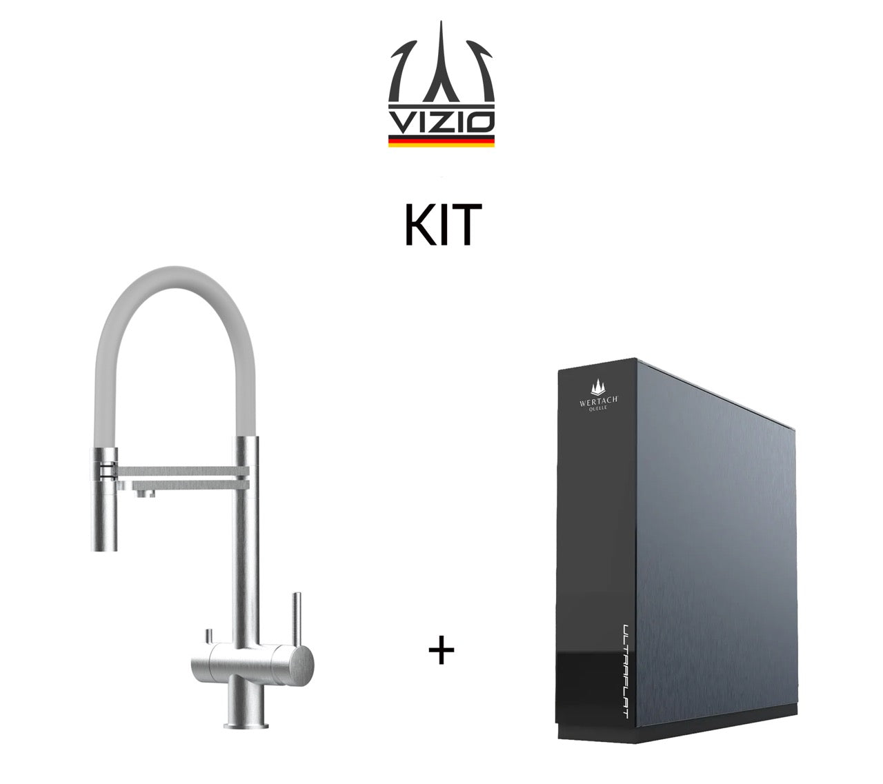 KIT: ULTRAFLAT Umkehrosmose Untertisch System, Wertach und 3 Wege Wasserhahn Küchenarmatur, Edelstahl Massiv mit 360° schwenkbarem Auslauf, abnehmbare 2 strahl Handbrause, Gebürstet