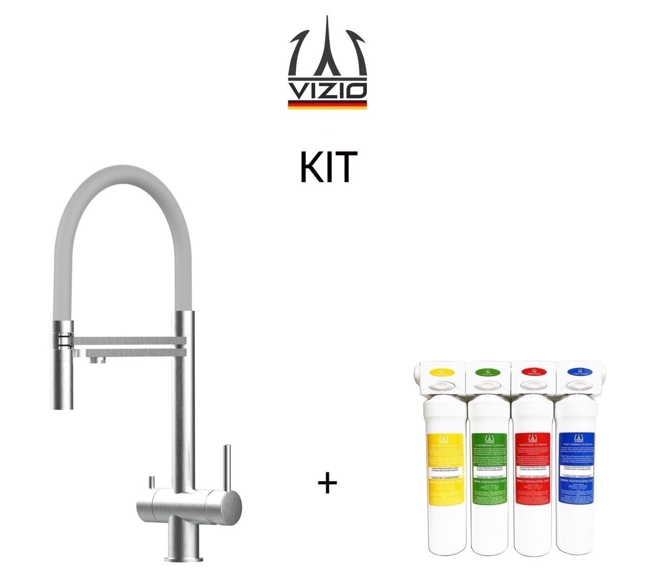 KIT Wasserfiltersystem und 3 Wege Wasserhahn Küchenarmatur, Edelstahl Massiv mit 360° schwenkbarem Auslauf, abnehmbare 2 strahl Handbrause, Gebürstet