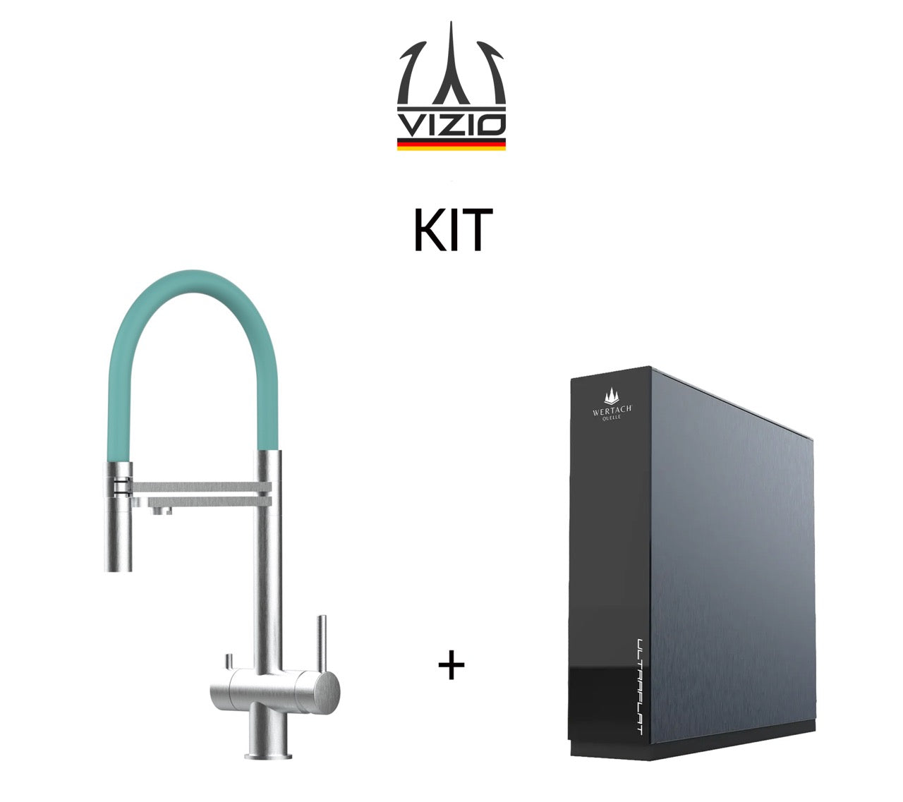 KIT: ULTRAFLAT Umkehrosmose Untertisch System, Wertach und 3 Wege Wasserhahn Küchenarmatur, Edelstahl Massiv mit 360° schwenkbarem Auslauf, abnehmbare 2 strahl Handbrause, Gebürstet