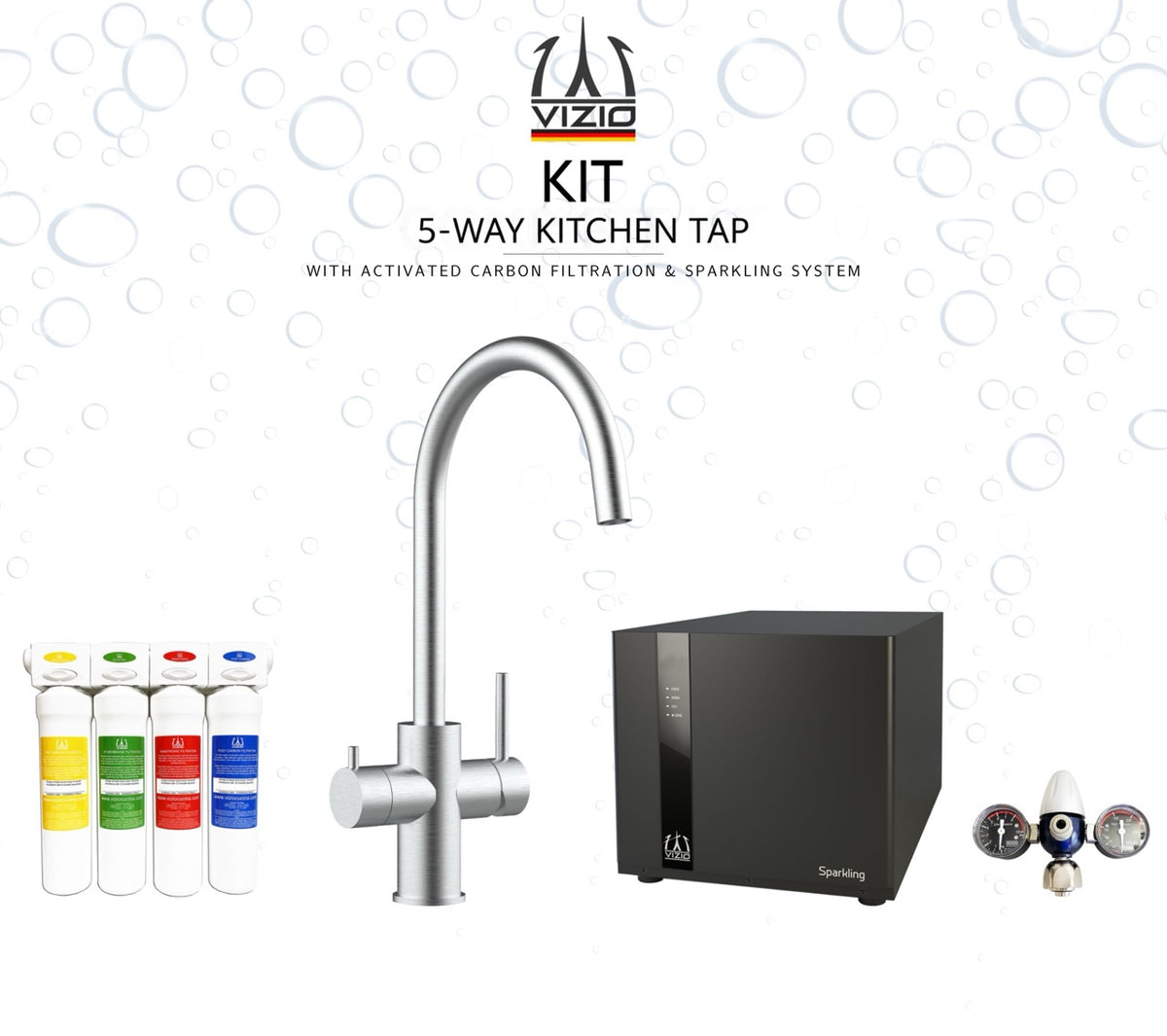 KIT COMPLETO: Rubinetto cucina 5 VIE Acciaio Inox Spazzolato, canna a U girevole a 360° + Frigogasatore + Riduttore di pressione CO2 + Sistema filtro a carboni attivi