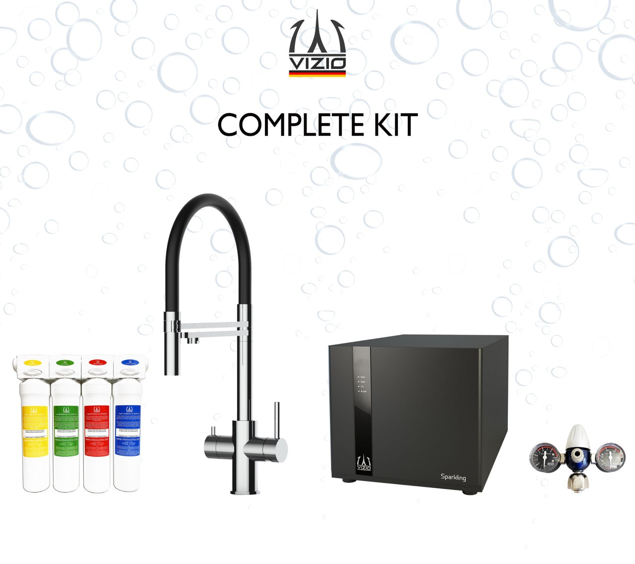 COMPLETE KIT 5 Way Kitchen Filter Tap in Solid STAINLESS STEEL with 360° swivel spout and 2-jets removable Spray, Polished + SPARKLING Machine + CO2 pressure reducer + Activated Carbon Water Filtration System
