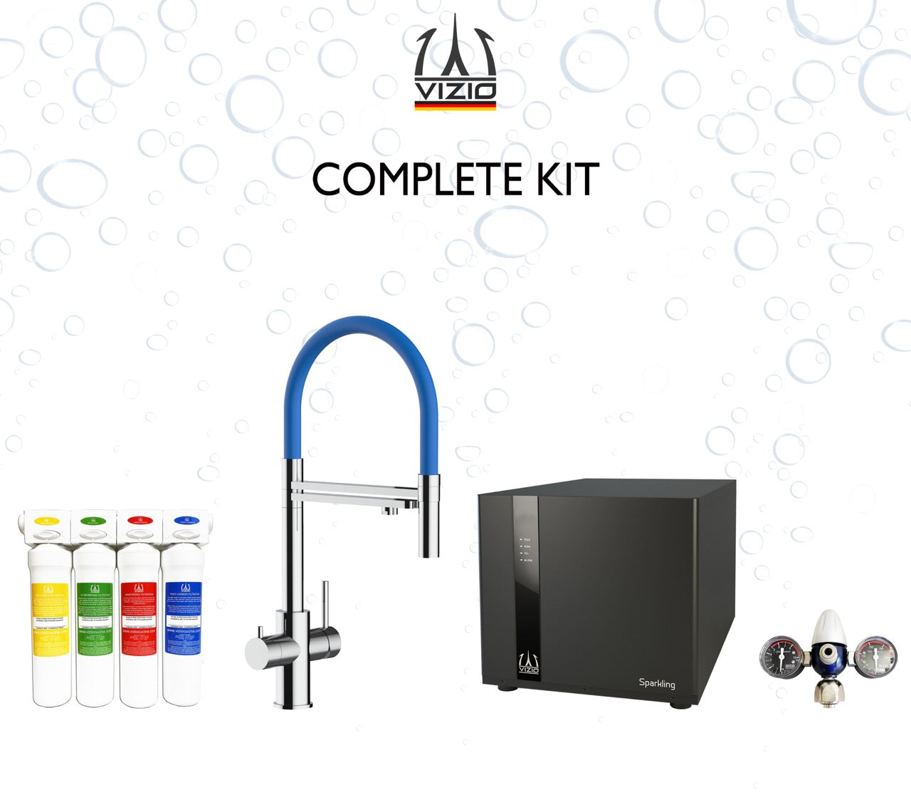 COMPLETE KIT 5 Way Kitchen Filter Tap in Solid STAINLESS STEEL with 360° swivel spout and 2-jets removable Spray, Polished + SPARKLING Machine + CO2 pressure reducer + Activated Carbon Water Filtration System