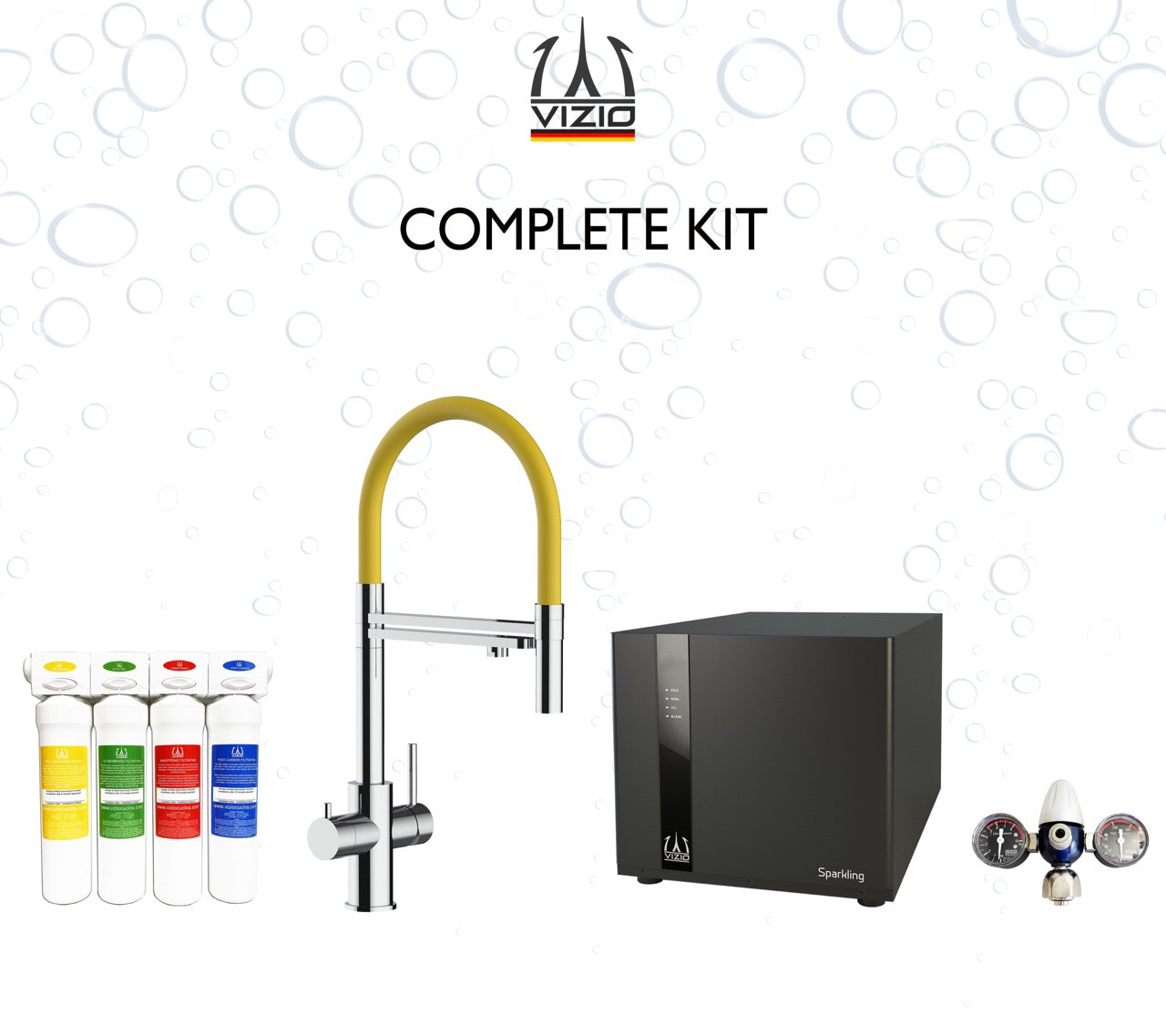 COMPLETE KIT 5 Way Kitchen Filter Tap in Solid STAINLESS STEEL with 360° swivel spout and 2-jets removable Spray, Polished + SPARKLING Machine + CO2 pressure reducer + Activated Carbon Water Filtration System