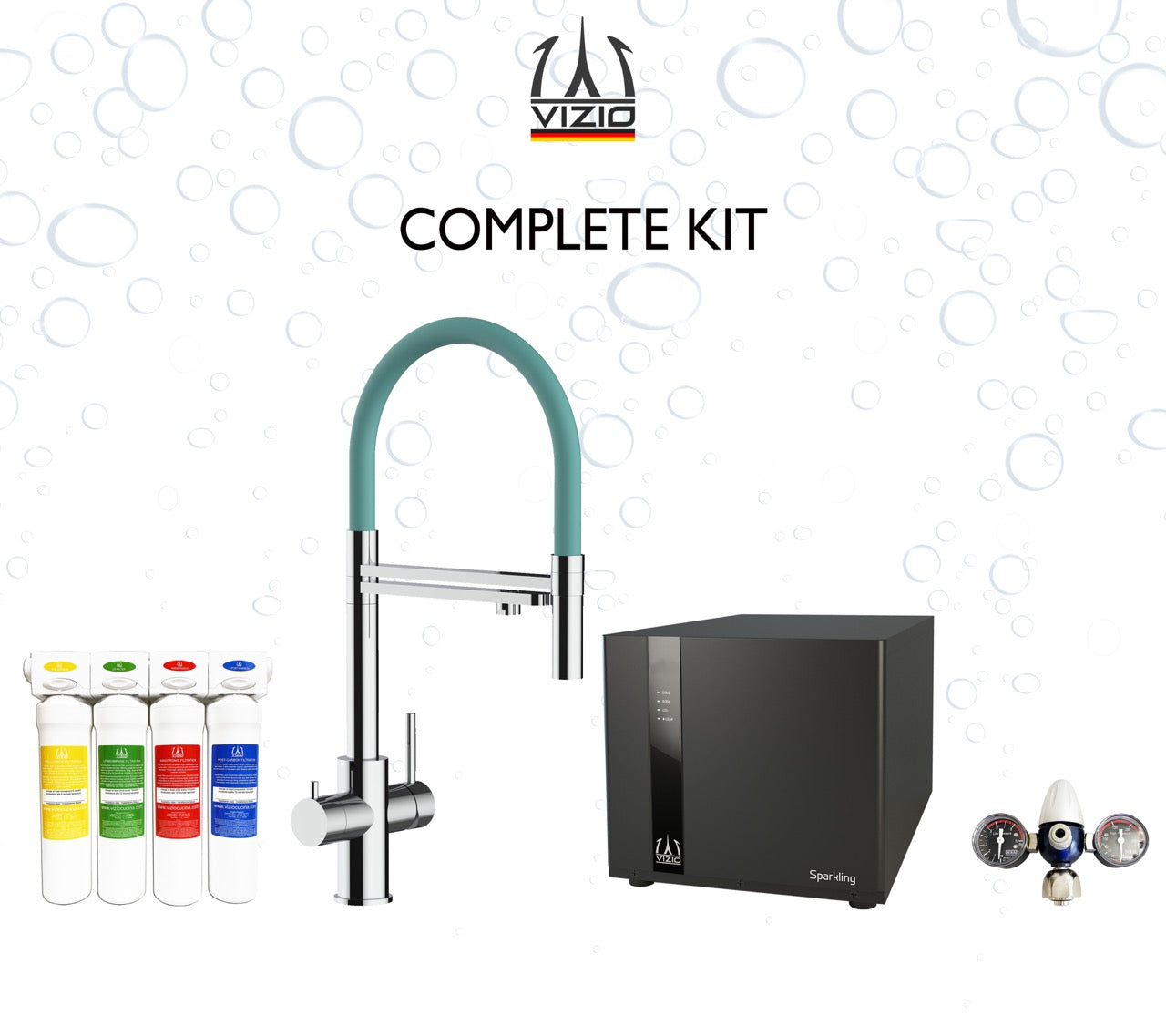 COMPLETE KIT 5 Way Kitchen Filter Tap in Solid STAINLESS STEEL with 360° swivel spout and 2-jets removable Spray, Polished + SPARKLING Machine + CO2 pressure reducer + Activated Carbon Water Filtration System