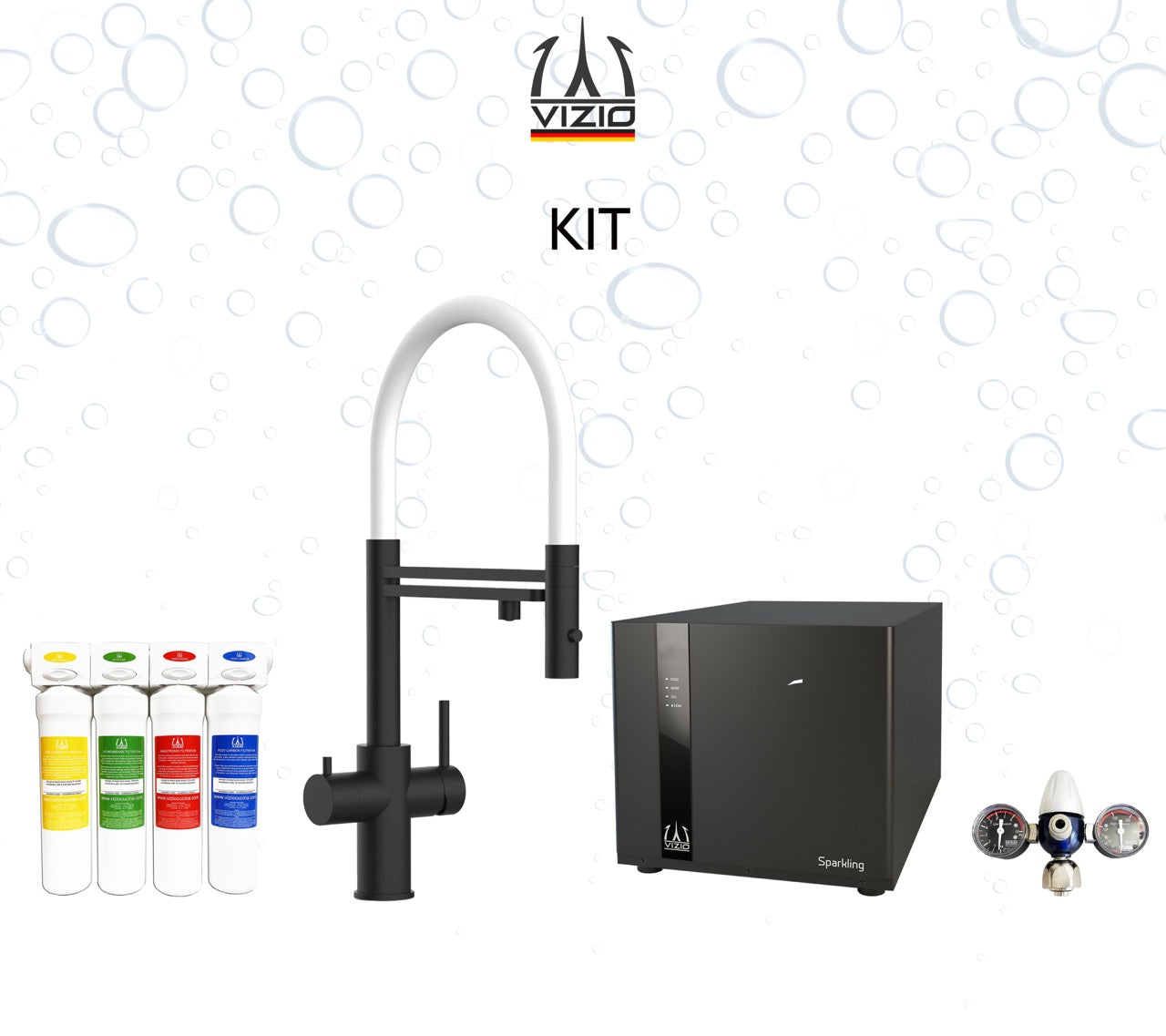COMPLETE KIT 5 Way Kitchen Filter Tap in Solid STAINLESS STEEL with 360° swivel spout and 2-jets removable Spray, Matt Black PVD + SPARKLING Machine + CO2 pressure reducer + Activated Carbon Water Filtration System
