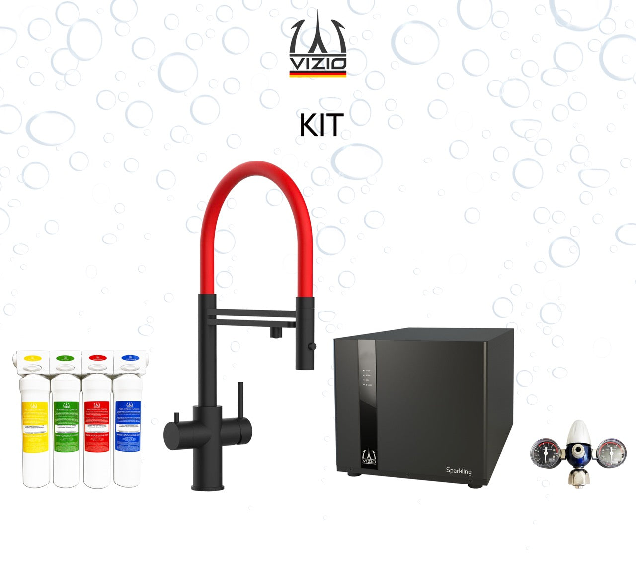 COMPLETE KIT 5 Way Kitchen Filter Tap in Solid STAINLESS STEEL with 360° swivel spout and 2-jets removable Spray, Matt Black PVD + SPARKLING Machine + CO2 pressure reducer + Activated Carbon Water Filtration System