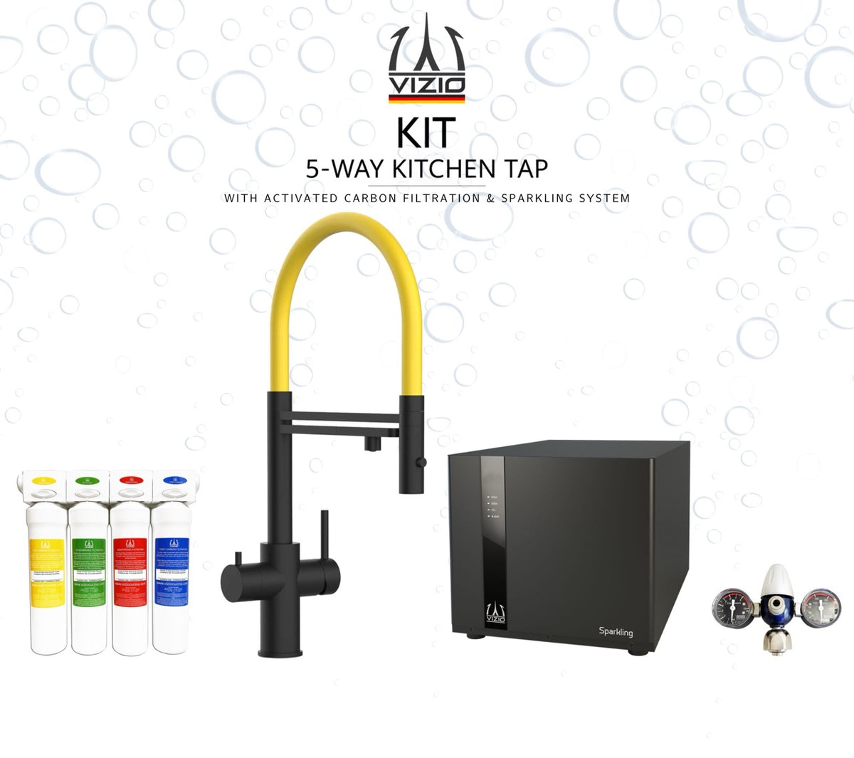 KIT COMPLETO: Rubinetto cucina 5 VIE Acciaio Inox PVD Nero Opaco con doccetta 2 getti + Frigogasatore + Riduttore di pressione CO2 + Sistema filtro a carboni attivi