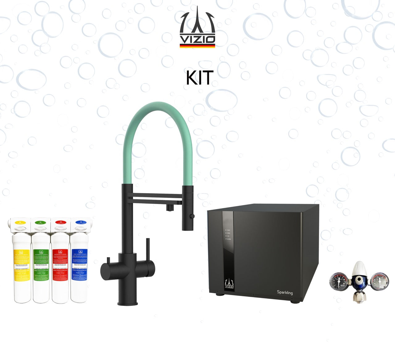 COMPLETE KIT 5 Way Kitchen Filter Tap in Solid STAINLESS STEEL with 360° swivel spout and 2-jets removable Spray, Matt Black PVD + SPARKLING Machine + CO2 pressure reducer + Activated Carbon Water Filtration System