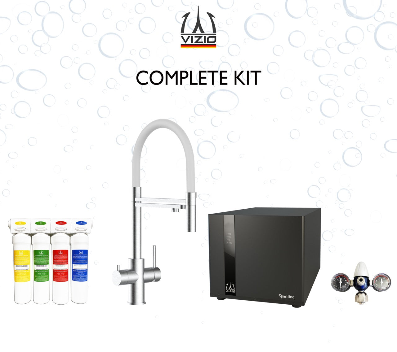 COMPLETE KIT 5 Way Kitchen Filter Tap in Solid STAINLESS STEEL with 360° swivel spout and 2-jets removable Spray, Brushed + SPARKLING Machine + CO2 pressure reducer + Activated Carbon Water Filtration System