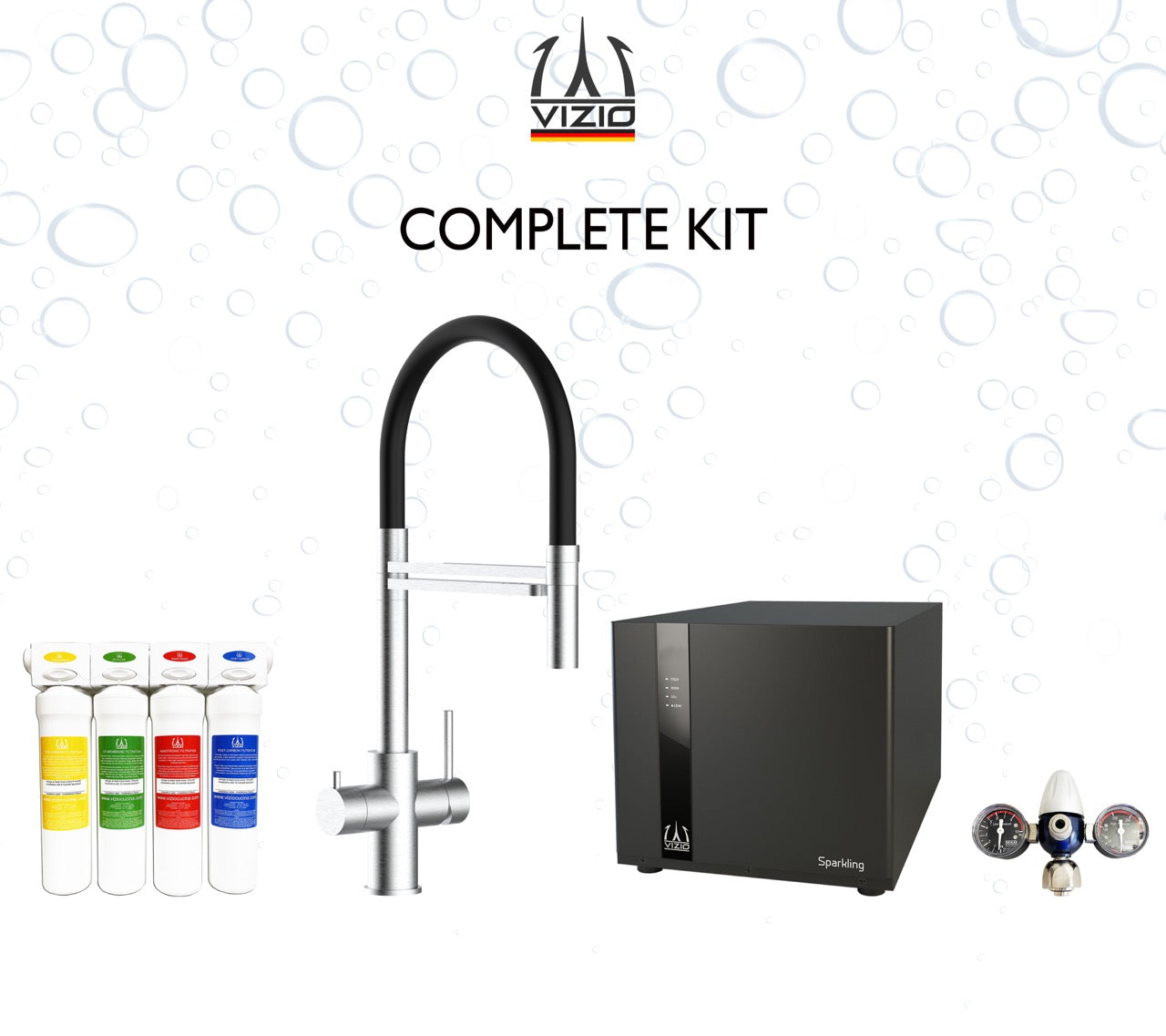 COMPLETE KIT 5 Way Kitchen Filter Tap in Solid STAINLESS STEEL with 360° swivel spout and 2-jets removable Spray, Brushed + SPARKLING Machine + CO2 pressure reducer + Activated Carbon Water Filtration System