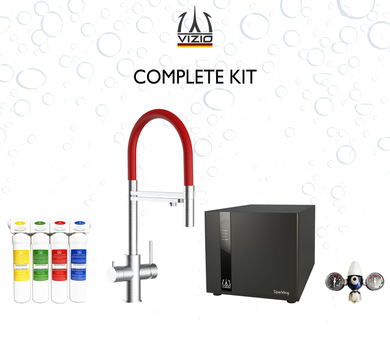 COMPLETE KIT 5 Way Kitchen Filter Tap in Solid STAINLESS STEEL with 360° swivel spout and 2-jets removable Spray, Brushed + SPARKLING Machine + CO2 pressure reducer + Activated Carbon Water Filtration System