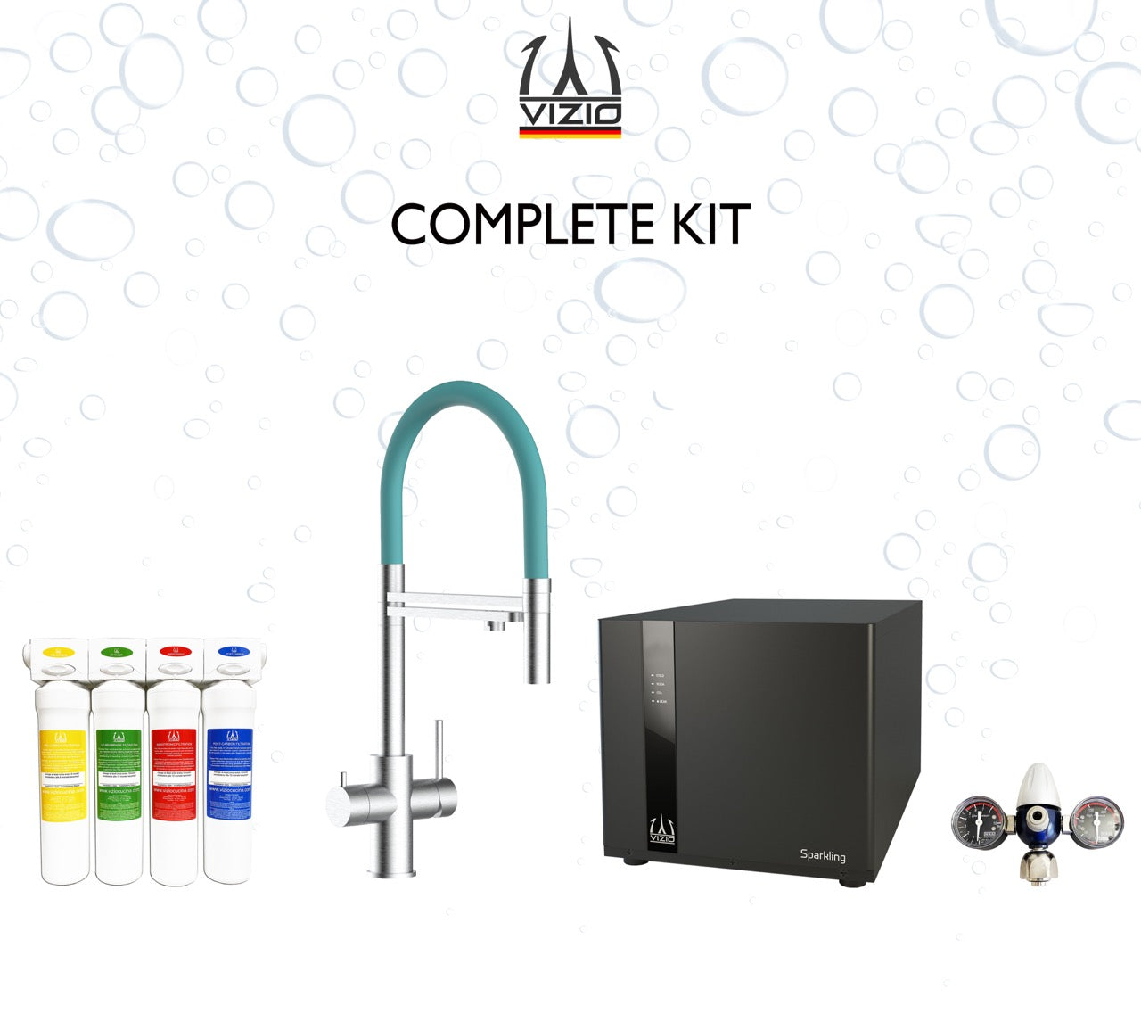 COMPLETE KIT 5 Way Kitchen Filter Tap in Solid STAINLESS STEEL with 360° swivel spout and 2-jets removable Spray, Brushed + SPARKLING Machine + CO2 pressure reducer + Activated Carbon Water Filtration System