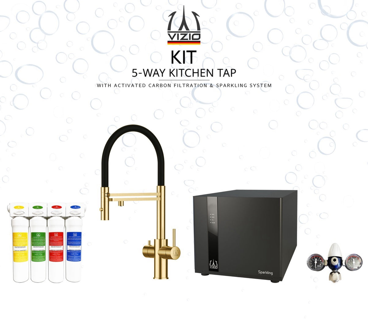 KIT COMPLETO: Rubinetto cucina 5 VIE Acciaio Inox PVD Oro Satinato con doccetta 2 getti + Frigogasatore + Riduttore di pressione CO2 + Sistema filtro a carboni attivi