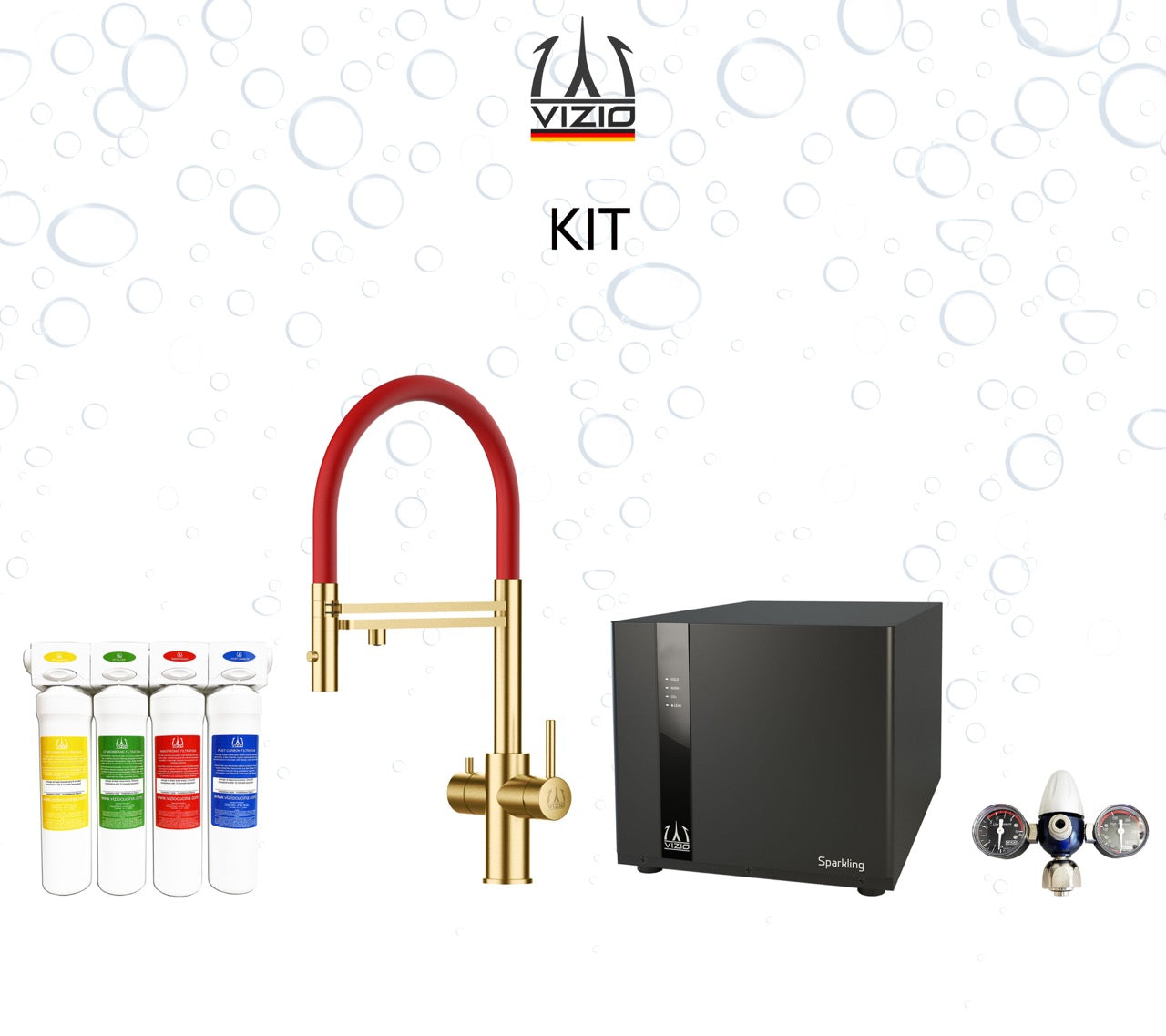 COMPLETE KIT 5 Way Kitchen Filter Tap in Solid STAINLESS STEEL with 360° swivel spout and 2-jets removable Spray, Satin Gold PVD + SPARKLING Machine + CO2 pressure reducer + Activated Carbon Water Filtration System