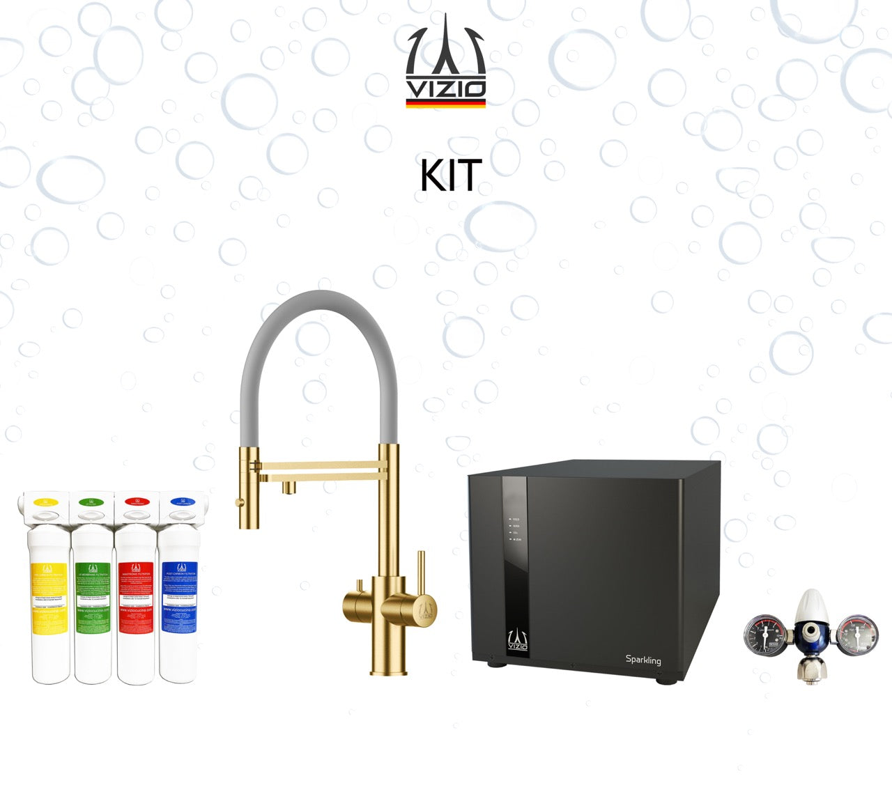 COMPLETE KIT 5 Way Kitchen Filter Tap in Solid STAINLESS STEEL with 360° swivel spout and 2-jets removable Spray, Satin Gold PVD + SPARKLING Machine + CO2 pressure reducer + Activated Carbon Water Filtration System