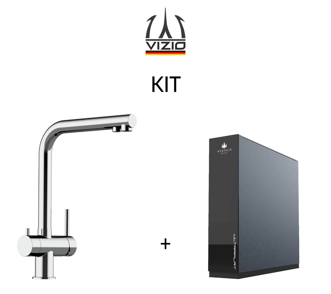 KIT ULTRAFLAT système de filtration par osmose inverse marque Wertach + Mitigeur De Cuisine 3 Voies en ACIER INOXYDABLE Massif, avec bec pivotant 360° en L, Poli