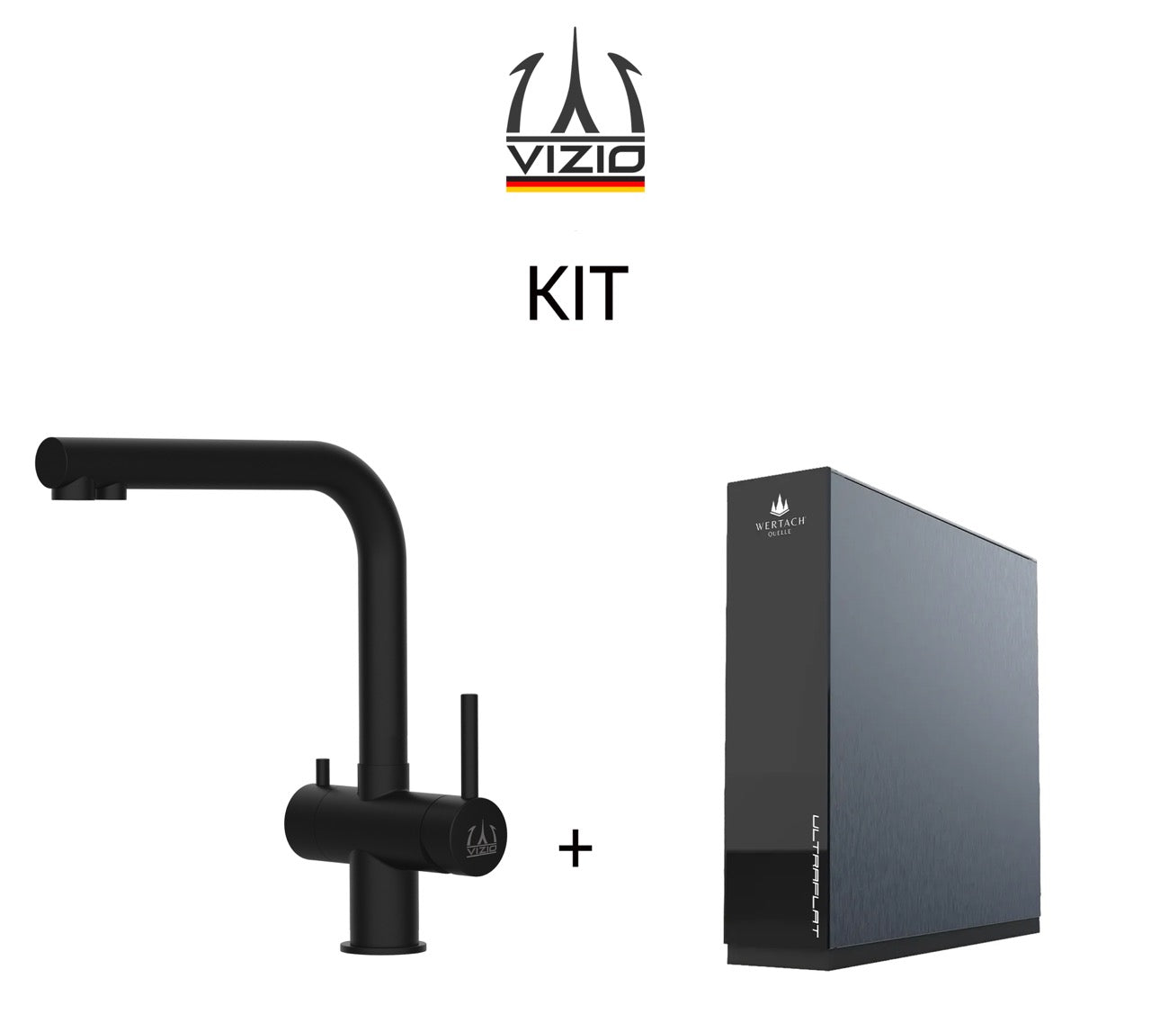 KIT 3 Way Kitchen Filter Tap in Solid STAINLESS STEEL, with 360° Swivel L-Spout, Matt Black PVD + Wertach ULTRAFLAT Reverse Osmosis Filter System