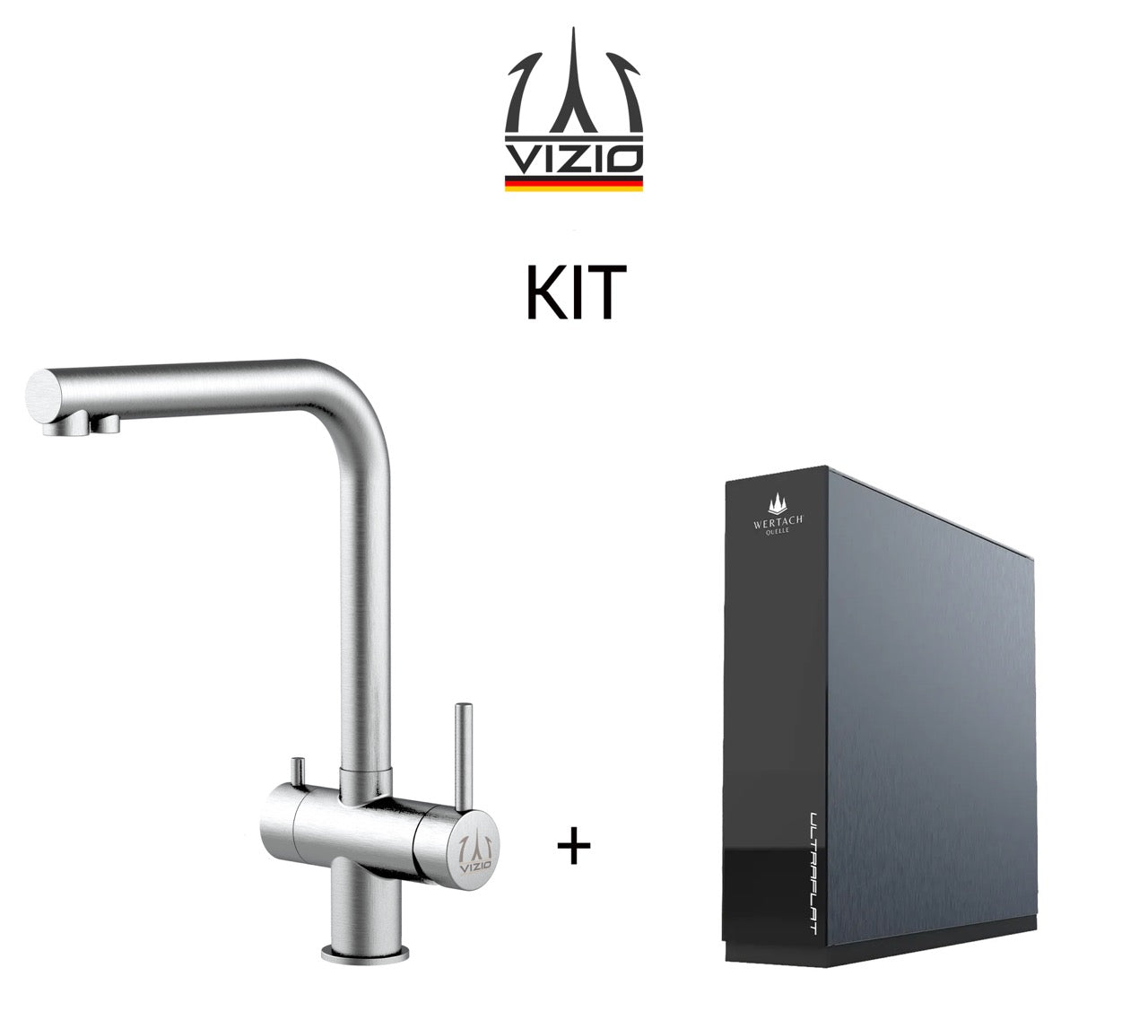 KIT 3 Way Kitchen Filter Tap in Solid STAINLESS STEEL, with 360° Swivel L-Spout, Brushed + Wertach ULTRAFLAT Reverse Osmosis Filter System