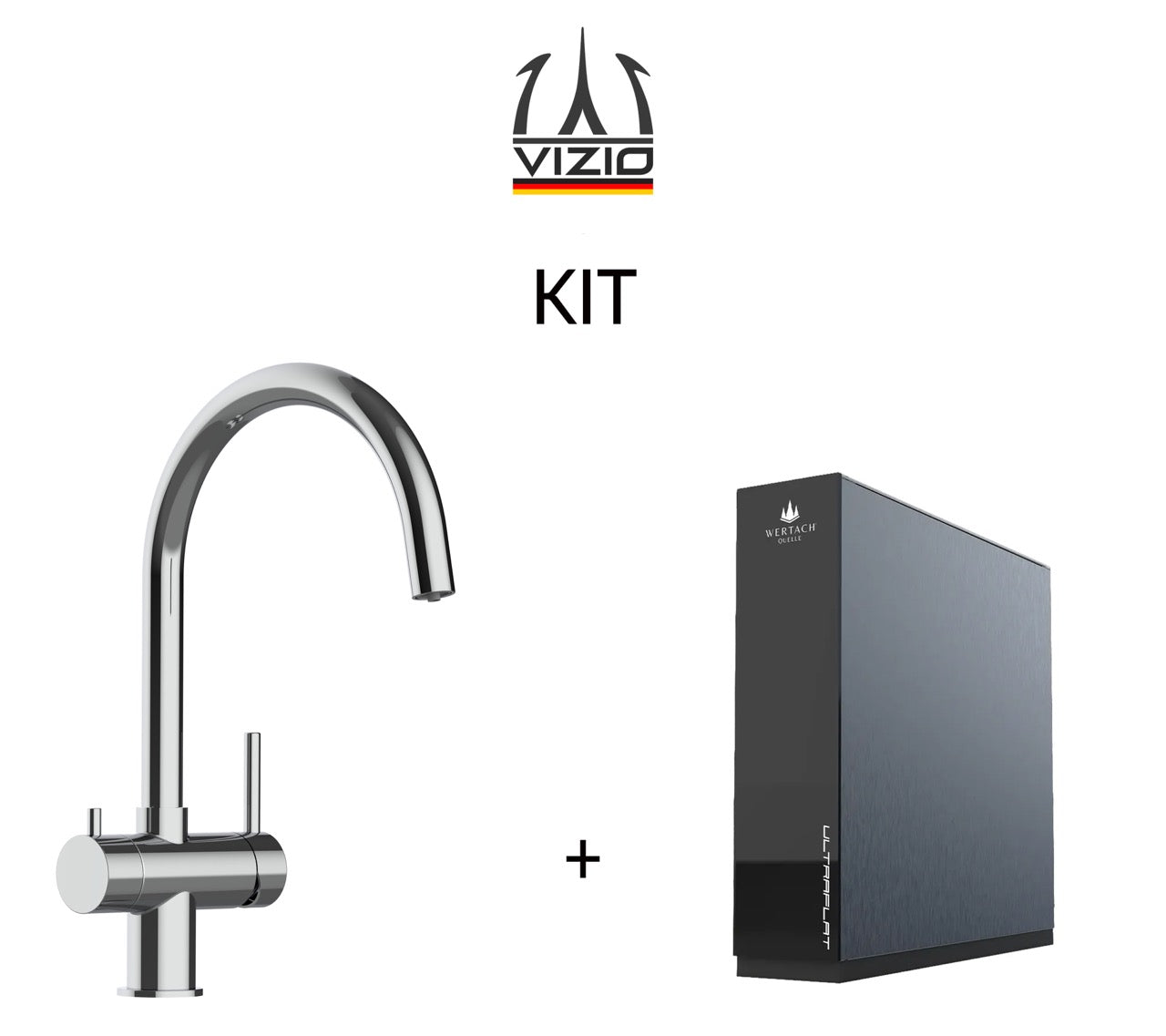 KIT 3 Way Kitchen Filter Tap in Solid STAINLESS STEEL, with 360° Swivel U-Spout, Polished + Wertach ULTRAFLAT Reverse Osmosis Filter System
