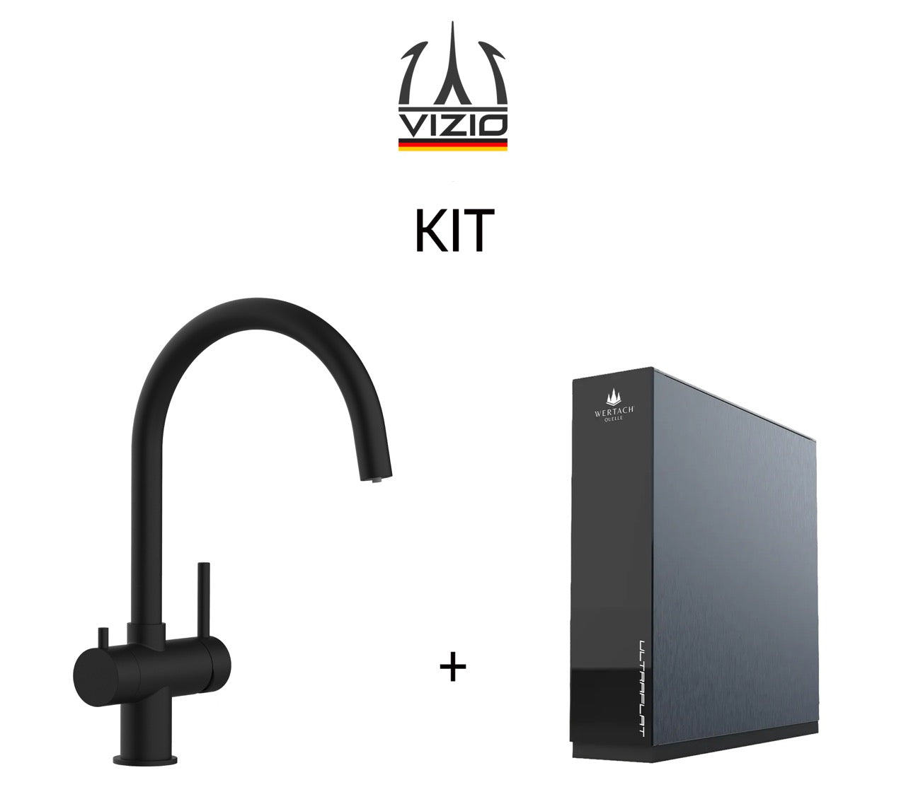 KIT 3 Way Kitchen Filter Tap in Solid STAINLESS STEEL, with 360° Swivel U-Spout, Matt Black PVD + Wertach ULTRAFLAT Reverse Osmosis Filter System