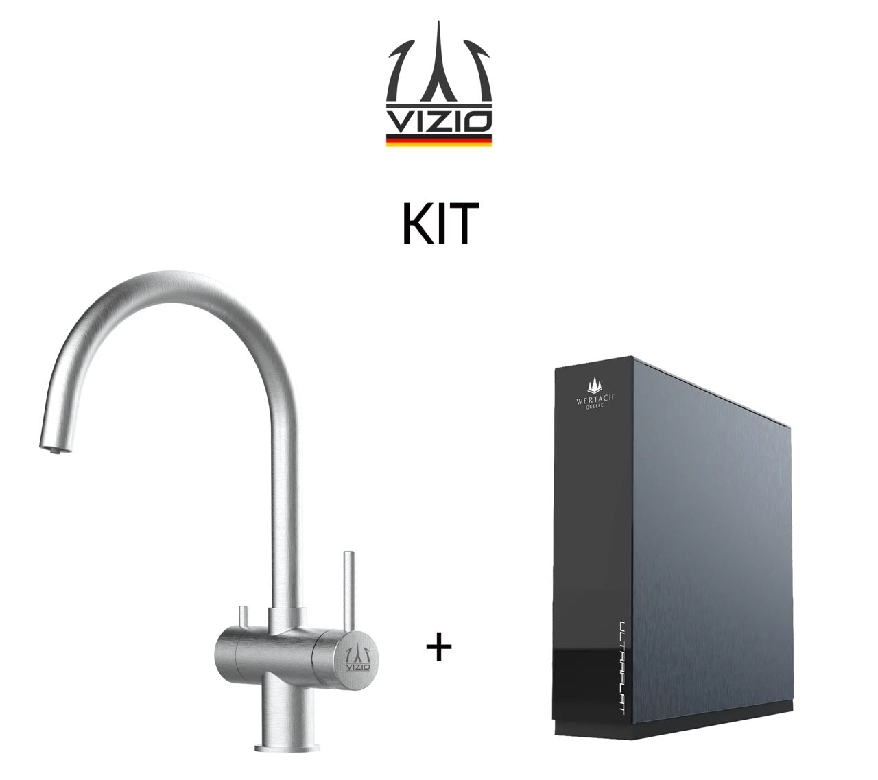 KIT 3 Way Kitchen Filter Tap in Solid STAINLESS STEEL, with 360° Swivel U-Spout, Brushed + Wertach ULTRAFLAT Reverse Osmosis Filter System