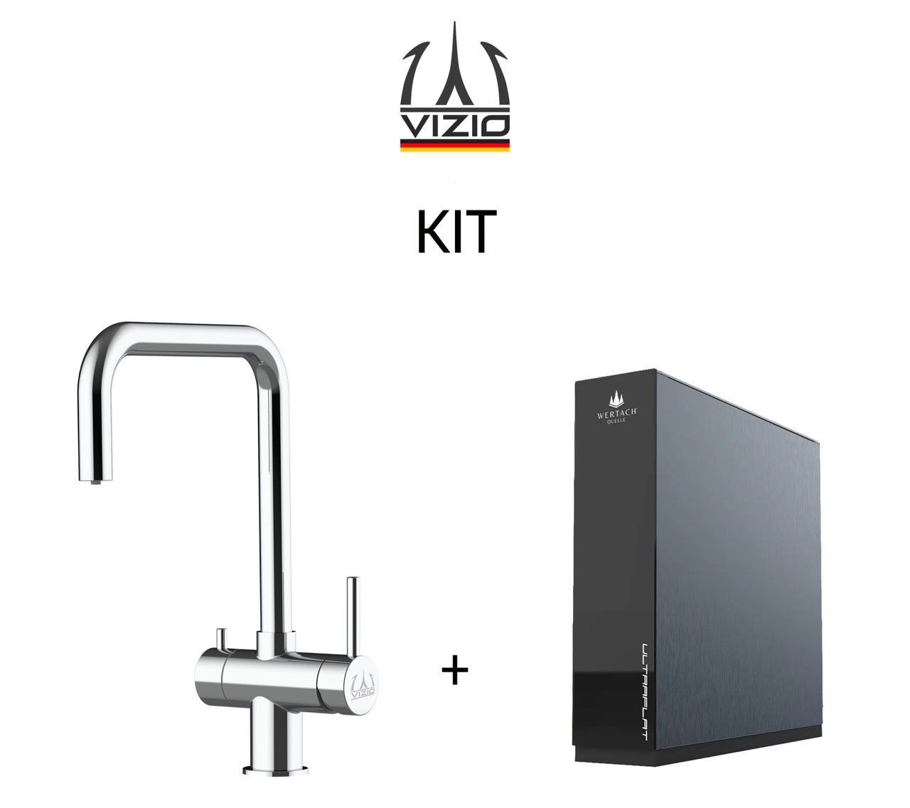 KIT ULTRAFLAT système de filtration par osmose inverse marque Wertach + Mitigeur De Cuisine 3 Voies en ACIER INOXYDABLE Massif, avec bec pivotant 360° en N, Poli