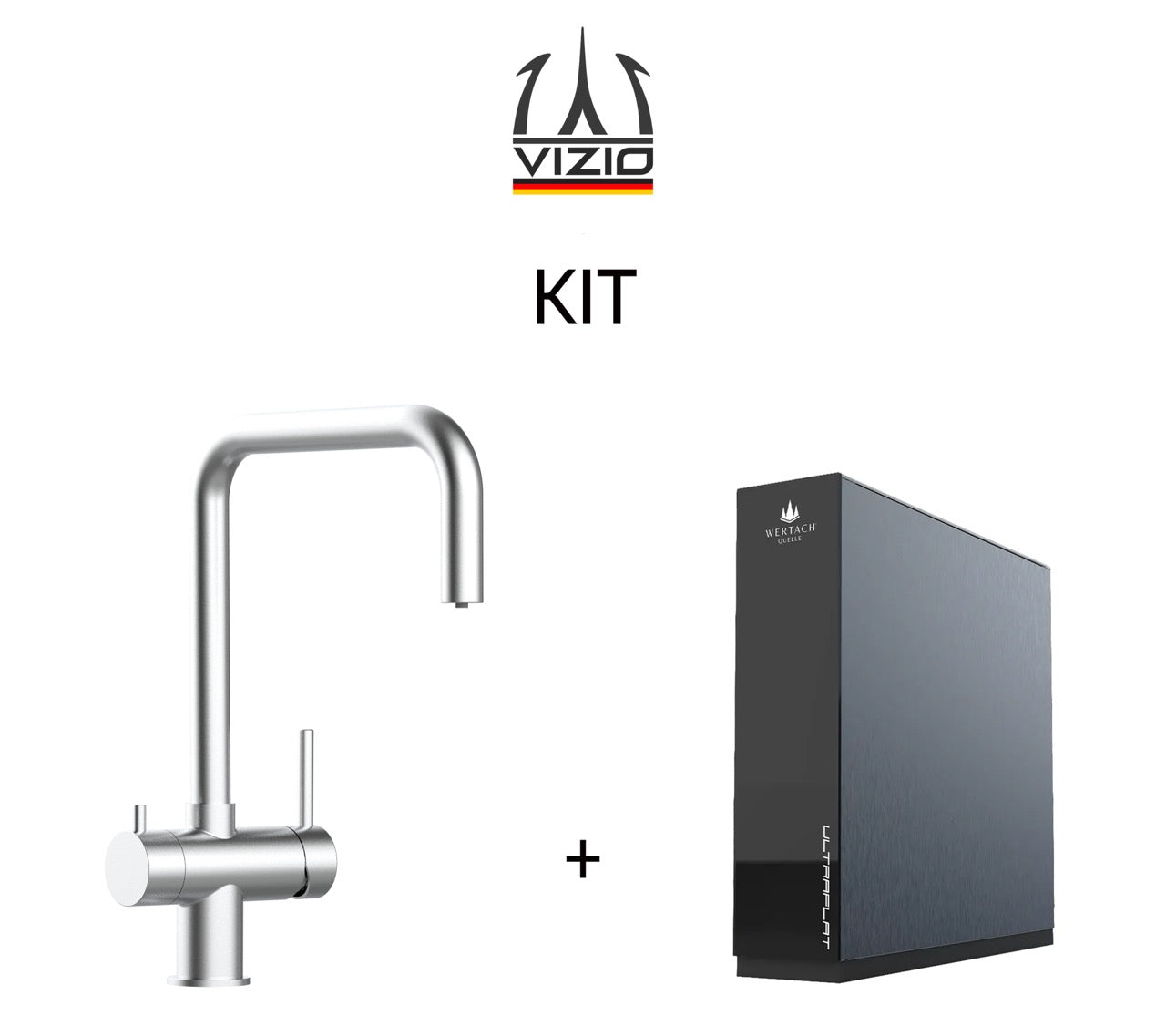 KIT 3 Way Kitchen Filter Tap in Solid STAINLESS STEEL, with 360° Swivel N-Spout, Brushed + Wertach ULTRAFLAT Reverse Osmosis Filter System
