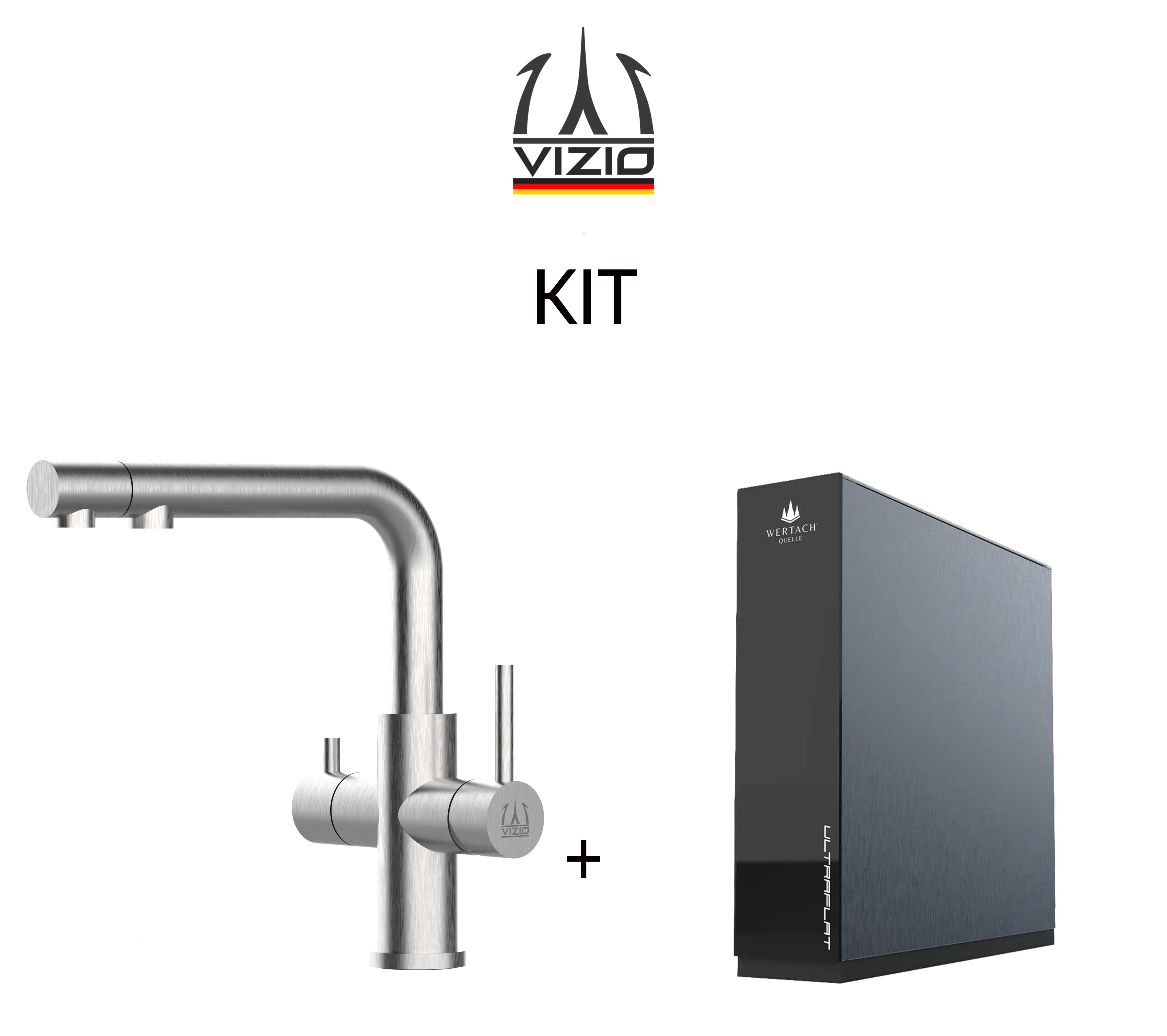 KIT ULTRAFLAT système de filtration par osmose inverse marque Wertach + Mitigeur De Cuisine 3 Voies en ACIER INOXYDABLE Massif, avec bec pivotant et douchette 2-jets extractible, Brossé