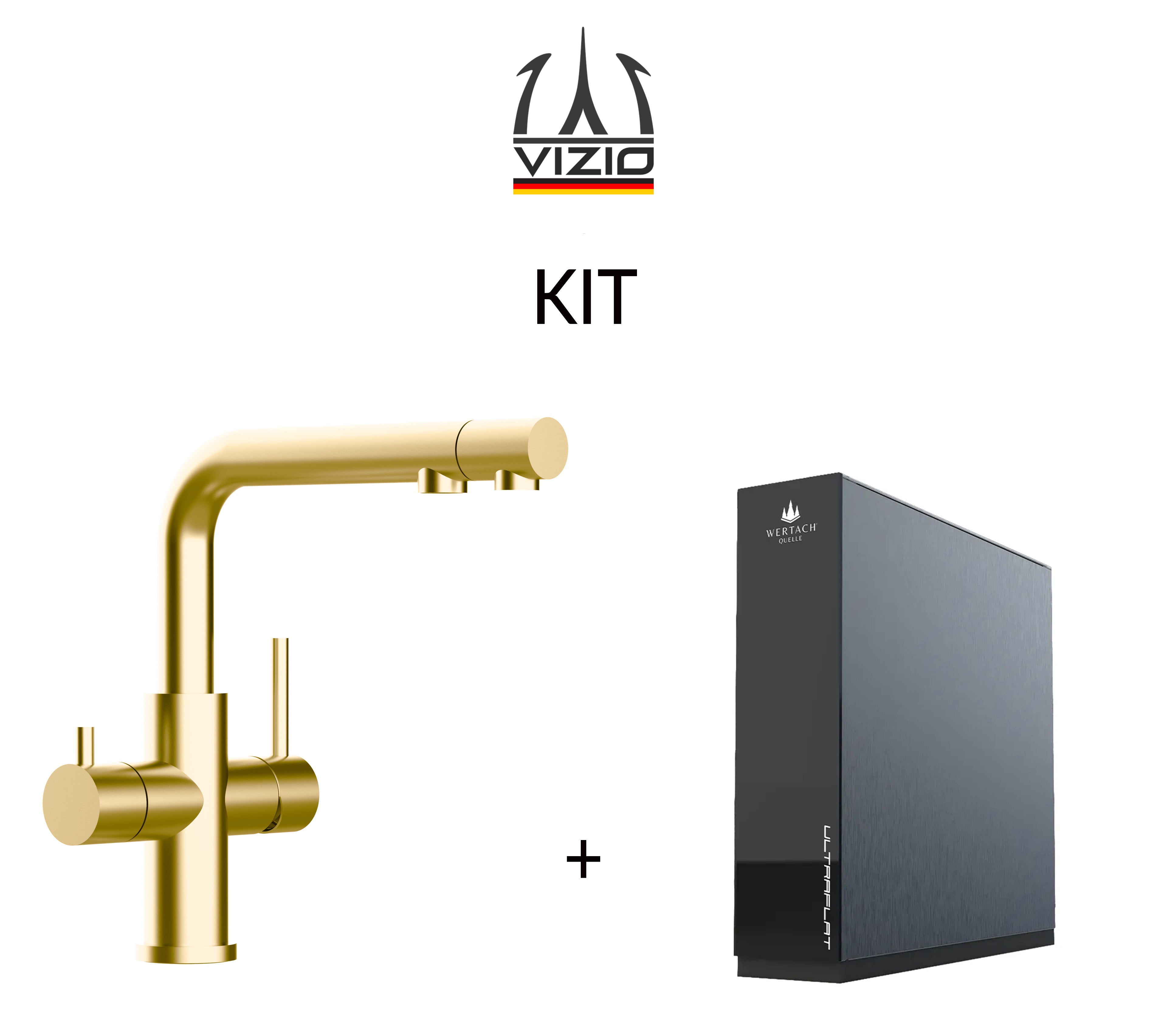 KIT: ULTRAFLAT Umkehrosmose Untertisch System, Wertach und 3 Wege Wasserhahn Küchenarmatur, Edelstahl Massiv mit schwenkbarem L-Auslauf und herausziehbarer Brause, Satin Gold PVD