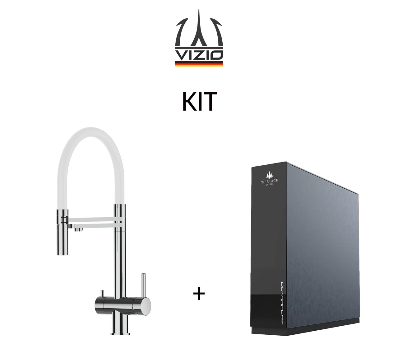 KIT 3 Way Kitchen Filter Tap in Solid STAINLESS STEEL, with 360° swivel spout and 2-jets removable Spray, Polished + Wertach ULTRAFLAT Reverse Osmosis Filter System