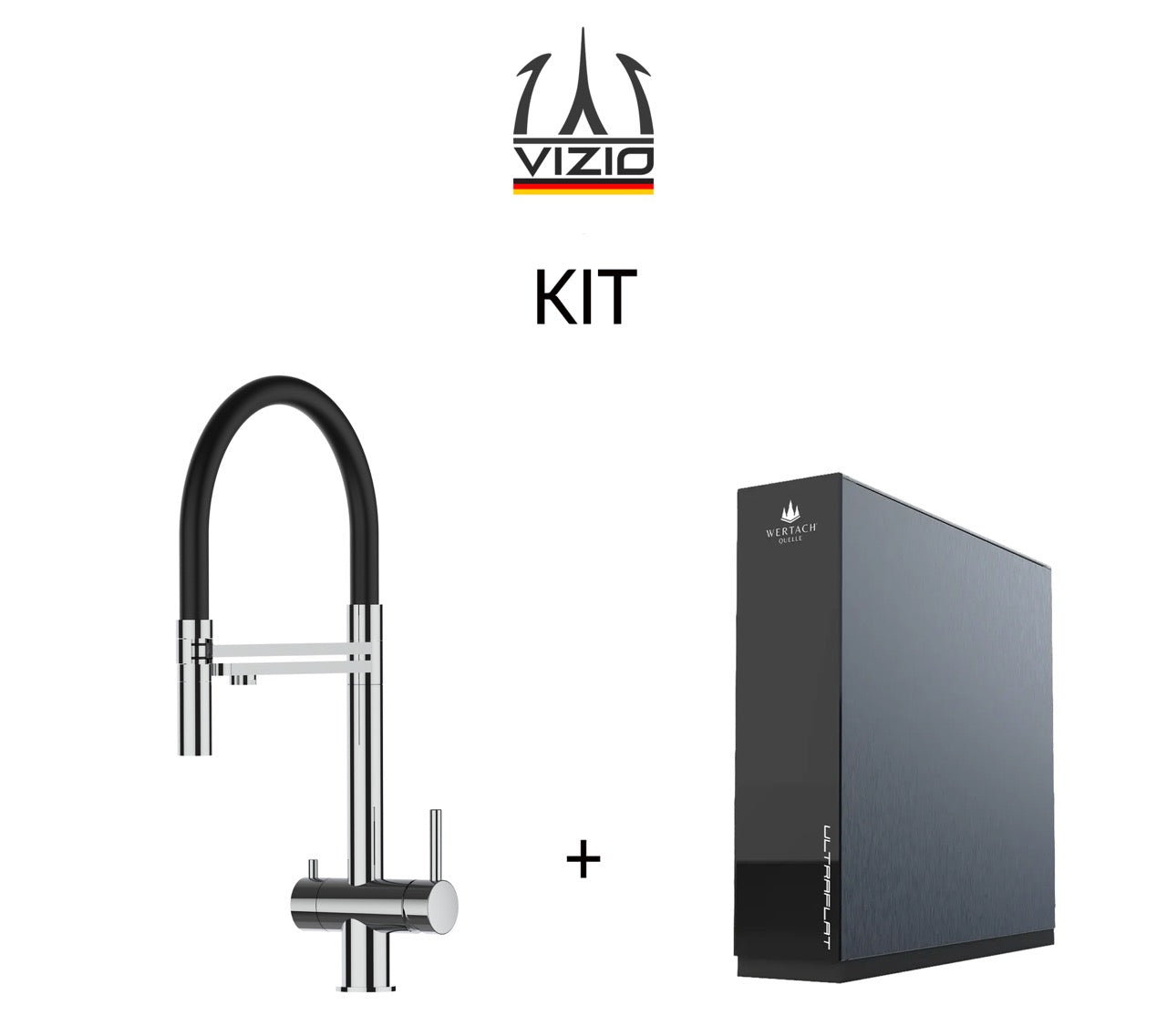 KIT 3 Way Kitchen Filter Tap in Solid STAINLESS STEEL, with 360° swivel spout and 2-jets removable Spray, Polished + Wertach ULTRAFLAT Reverse Osmosis Filter System