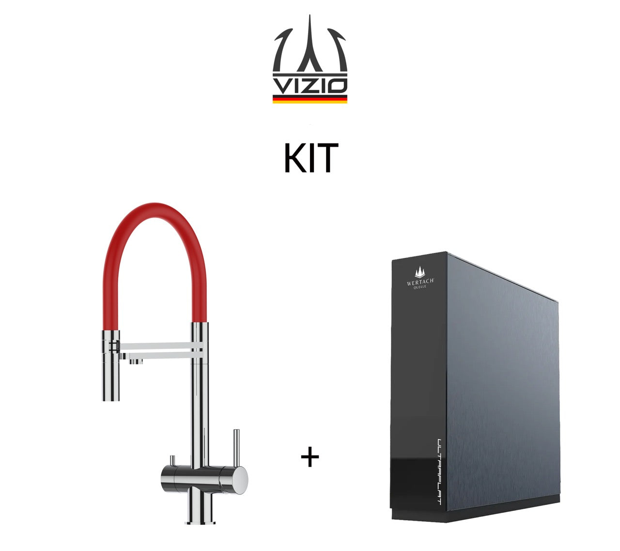 KIT 3 Way Kitchen Filter Tap in Solid STAINLESS STEEL, with 360° swivel spout and 2-jets removable Spray, Polished + Wertach ULTRAFLAT Reverse Osmosis Filter System