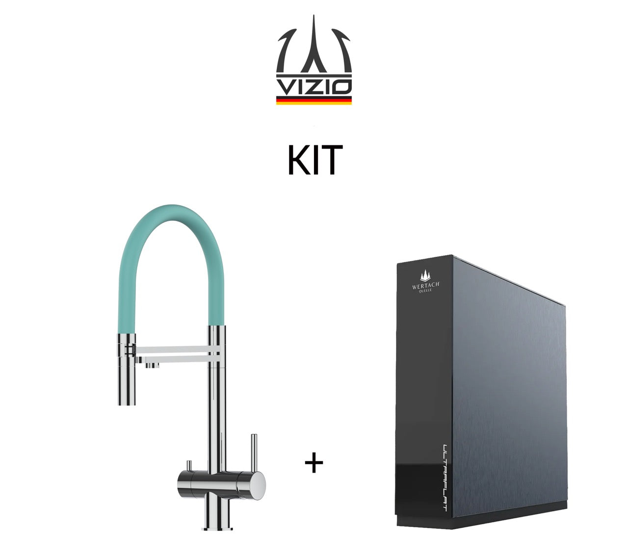 KIT 3 Way Kitchen Filter Tap in Solid STAINLESS STEEL, with 360° swivel spout and 2-jets removable Spray, Polished + Wertach ULTRAFLAT Reverse Osmosis Filter System