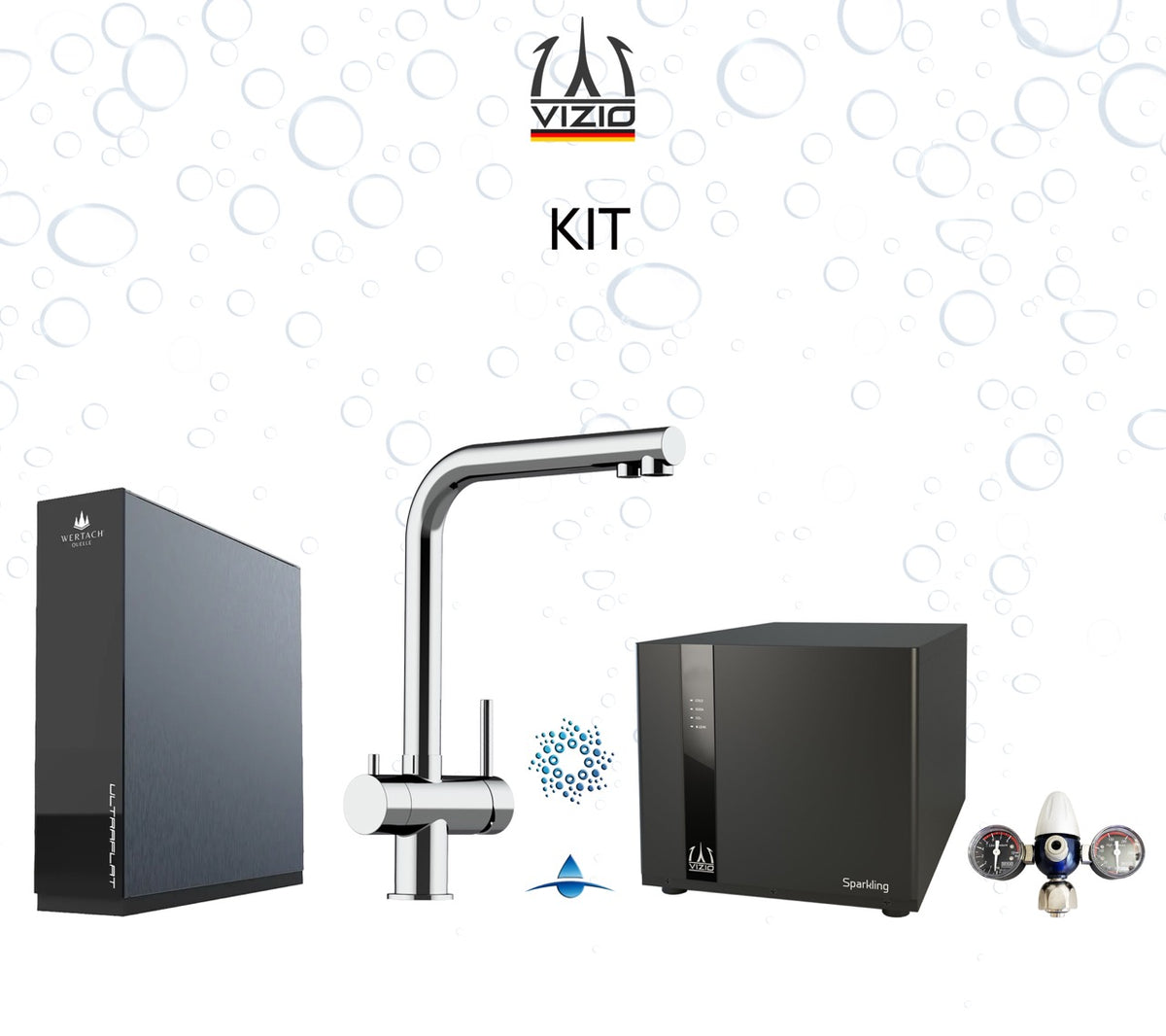 KIT COMPLET: SPARKLING Réfrigérateur Carbonateur + Mitigeur De Cuisine 4 Voies en ACIER INOXYDABLE Massif, avec bec pivotant 360° en L, Poli + Système d'osmose inverse sous comptoir ULTRAFLAT + Réducteur de pression CO2
