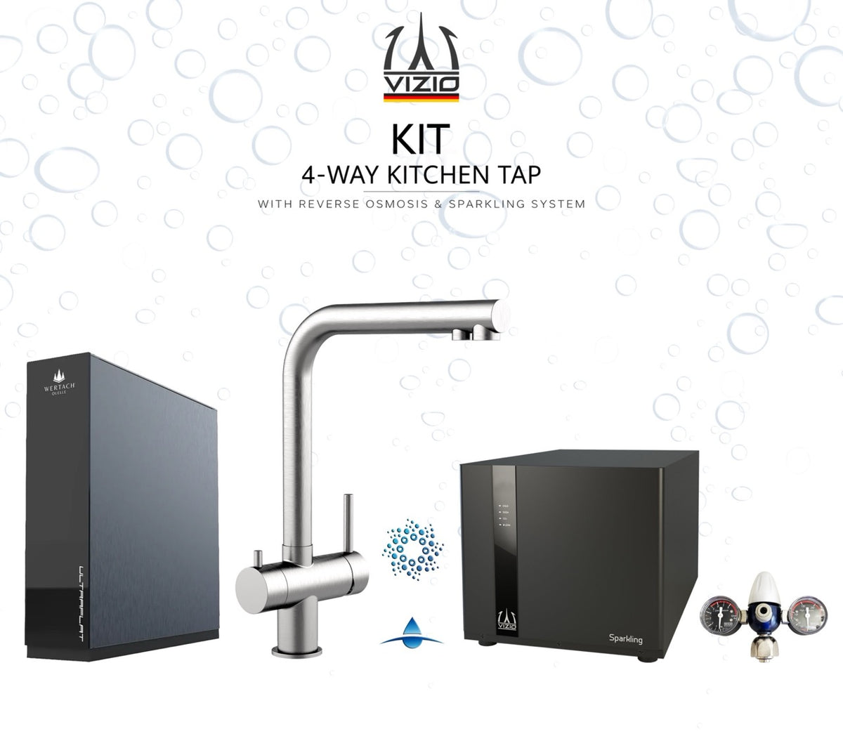 Komplette Anlage: Sprudelanlage + 4 Wege Wasserhahn Küchenarmatur, Edelstahl Massiv mit 360° schwenkbarem L-Auslauf, Gebürstet + CO2 Druckminderer + ULTRAFLAT Umkehrosmose Untertisch System