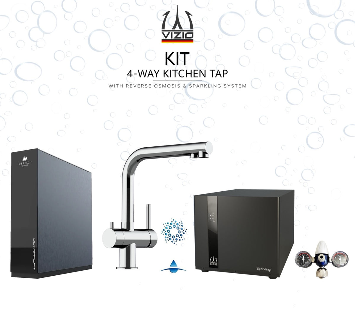 KIT COMPLET: SPARKLING Réfrigérateur Carbonateur + Mitigeur De Cuisine 4 Voies en ACIER INOXYDABLE Massif, avec bec pivotant 360° en L, Poli, Version Courte + Système d'osmose inverse sous comptoir ULTRAFLAT + Réducteur de pression CO2