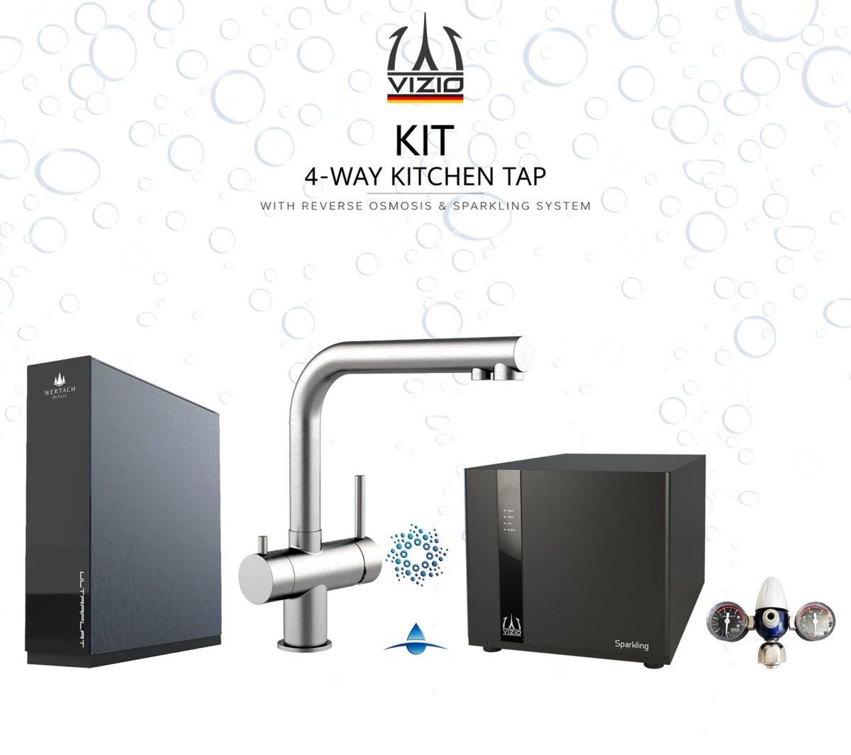 KIT COMPLETO: Rubinetto cucina 4 VIE in ACCIAIO INOX Spazzolato, canna a L girevole a 360°, Versione Corta + Frigogasatore + Riduttore di pressione CO2 + ULTRAFLAT Sistema ad osmosi inversa sottolavello