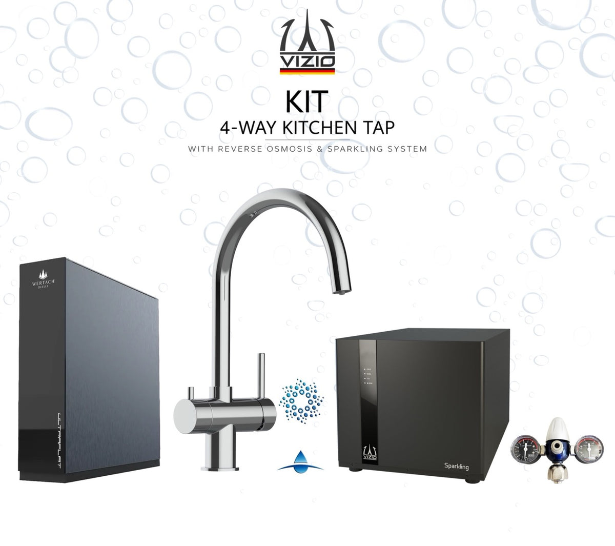 KIT COMPLETO: SPARKLING Enfriador Gasificador Agua + Grifo de Cocina 4 Vías in Acero Inoxidable Macizo, con caño giratorio 360° en U, Pulido + Sistema de ósmosis inversa ULTRAFLAT + Reductor de presión de CO2