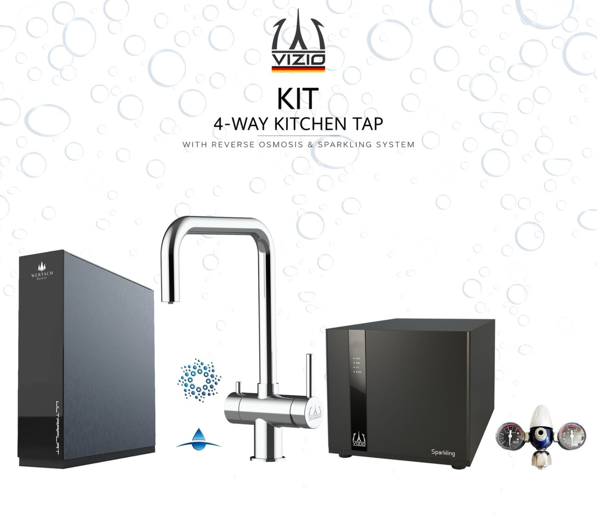 KIT COMPLET: SPARKLING Réfrigérateur Carbonateur + Mitigeur De Cuisine 4 Voies en ACIER INOXYDABLE Massif, avec bec pivotant 360° en N, Poli + Système d'osmose inverse sous comptoir ULTRAFLAT + Réducteur de pression CO2