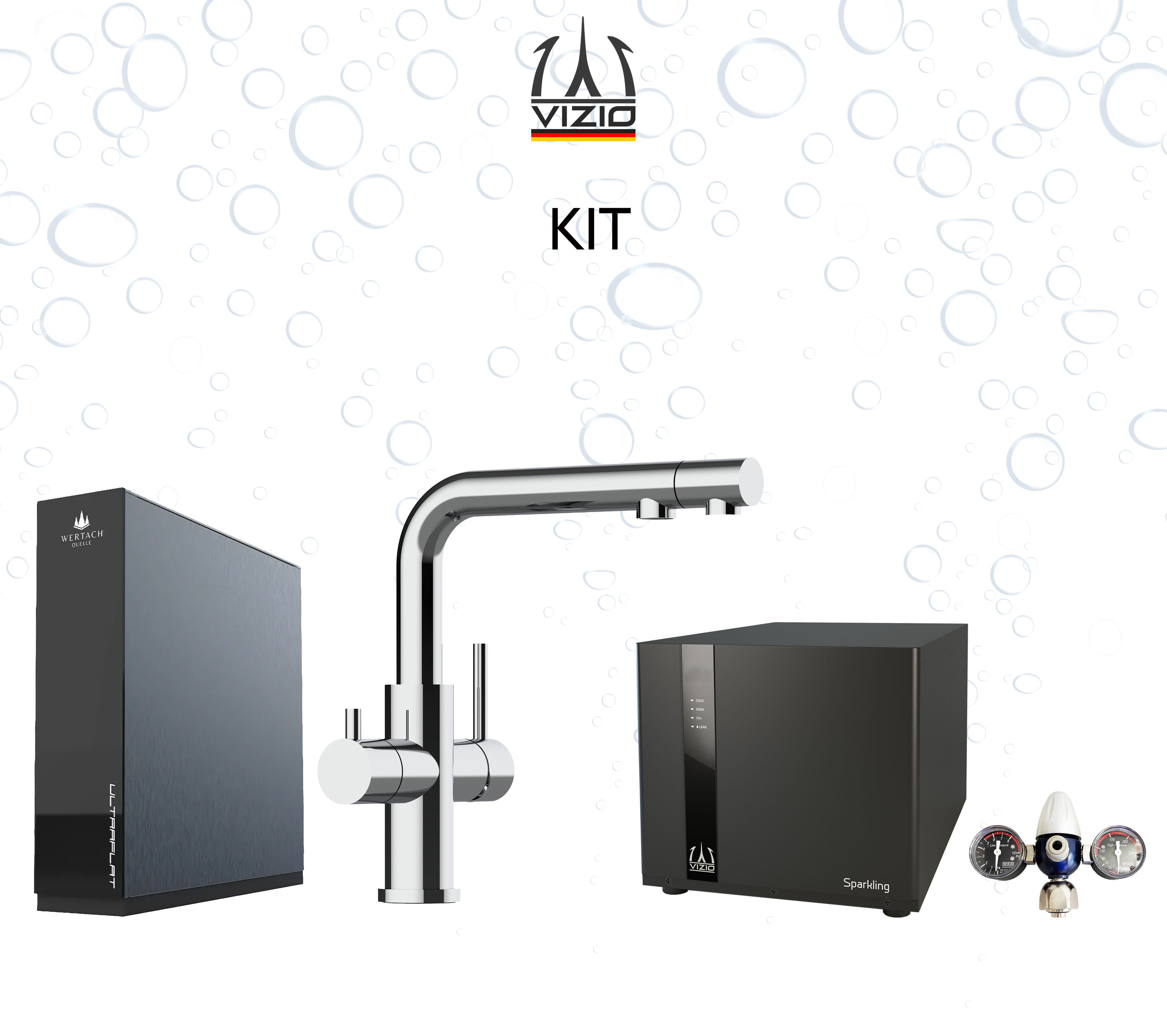 Komplette Anlage: Sprudelanlage + 4 Wege Wasserhahn Küchenarmatur, Edelstahl Massiv mit schwenkbarem L-Auslauf und herausziehbarer Brause, Hochglanz + CO2 Druckminderer + ULTRAFLAT Umkehrosmose Untertisch System