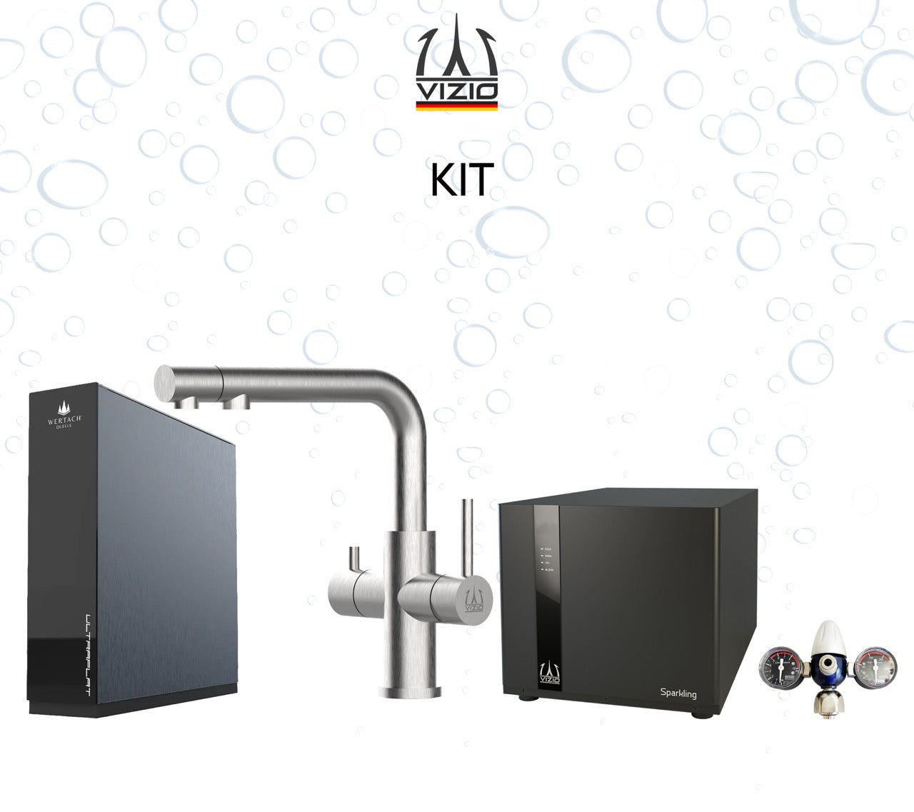 Komplette Anlage: Sprudelanlage + 4 Wege Wasserhahn Küchenarmatur, Edelstahl Massiv mit schwenkbarem L-Auslauf und herausziehbarer Brause, Gebürstet + CO2 Druckminderer + ULTRAFLAT Umkehrosmose Untertisch System
