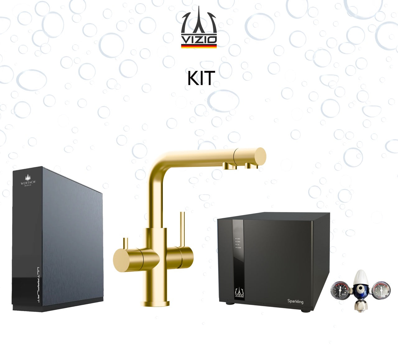 Komplette Anlage: Sprudelanlage + 4 Wege Wasserhahn Küchenarmatur, Edelstahl Massiv mit schwenkbarem L-Auslauf und herausziehbarer Brause, Satin Gold PVD + CO2 Druckminderer + ULTRAFLAT Umkehrosmose Untertisch System