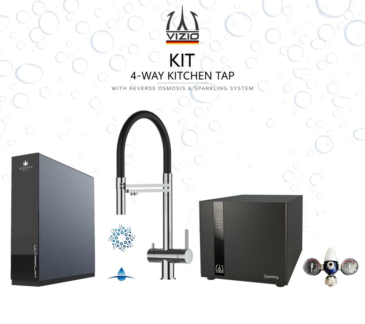KIT COMPLETO: Rubinetto cucina 4 VIE in ACCIAIO INOX Lucido, canna girevole 360° e doccetta 2 getti movibile + Frigogasatore + Riduttore di pressione CO2 + ULTRAFLAT Sistema ad osmosi inversa sottolavello