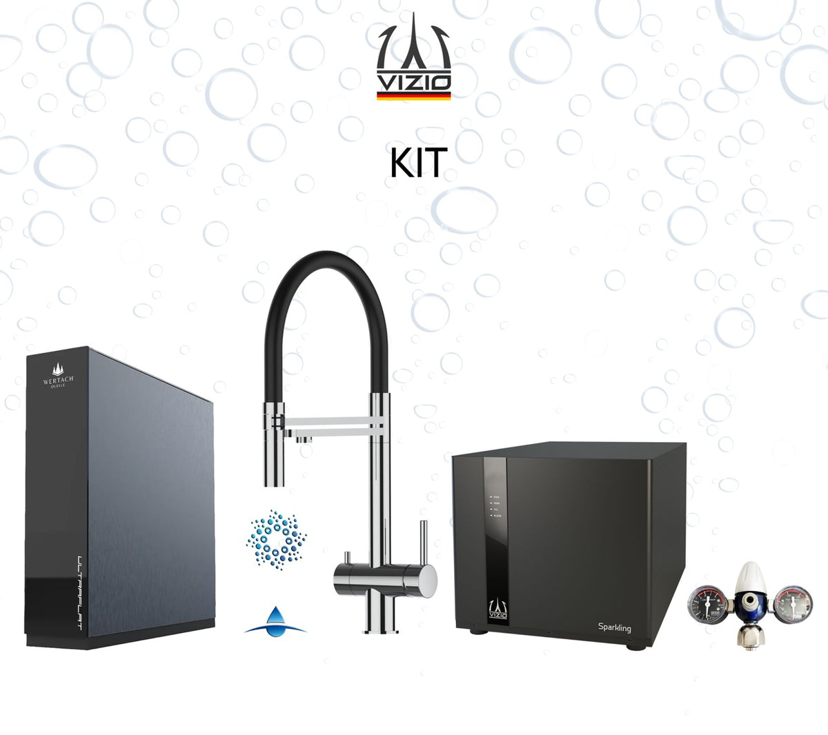 KIT COMPLET: SPARKLING Réfrigérateur Carbonateur + Mitigeur De Cuisine 4 Voies en ACIER INOXYDABLE Massif, avec bec pivotant 360° et douchette 2-jets détachable, Poli + Système d'osmose inverse sous comptoir ULTRAFLAT + Réducteur de pression CO2