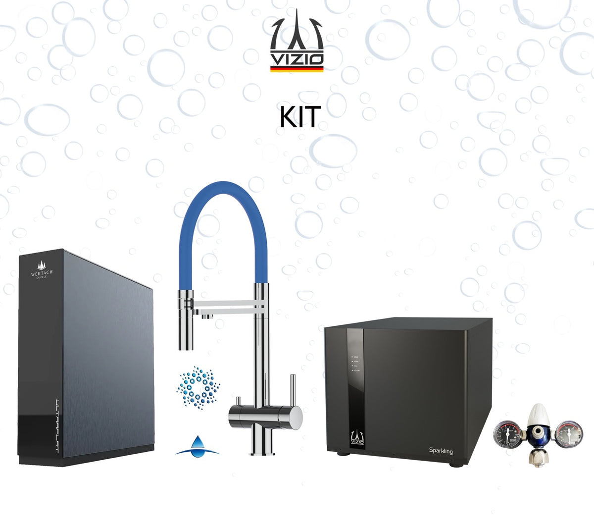 KIT COMPLET: SPARKLING Réfrigérateur Carbonateur + Mitigeur De Cuisine 4 Voies en ACIER INOXYDABLE Massif, avec bec pivotant 360° et douchette 2-jets détachable, Poli + Système d'osmose inverse sous comptoir ULTRAFLAT + Réducteur de pression CO2
