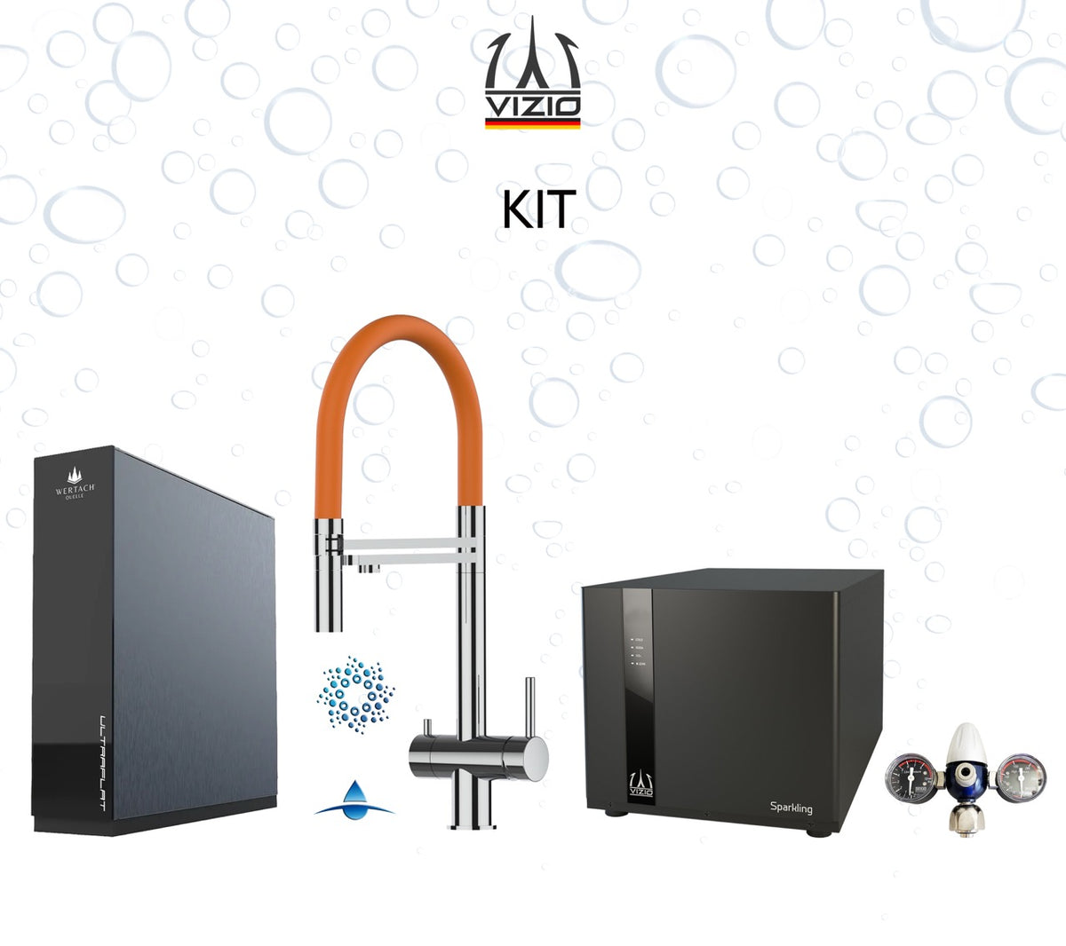 KIT COMPLET: SPARKLING Réfrigérateur Carbonateur + Mitigeur De Cuisine 4 Voies en ACIER INOXYDABLE Massif, avec bec pivotant 360° et douchette 2-jets détachable, Poli + Système d'osmose inverse sous comptoir ULTRAFLAT + Réducteur de pression CO2